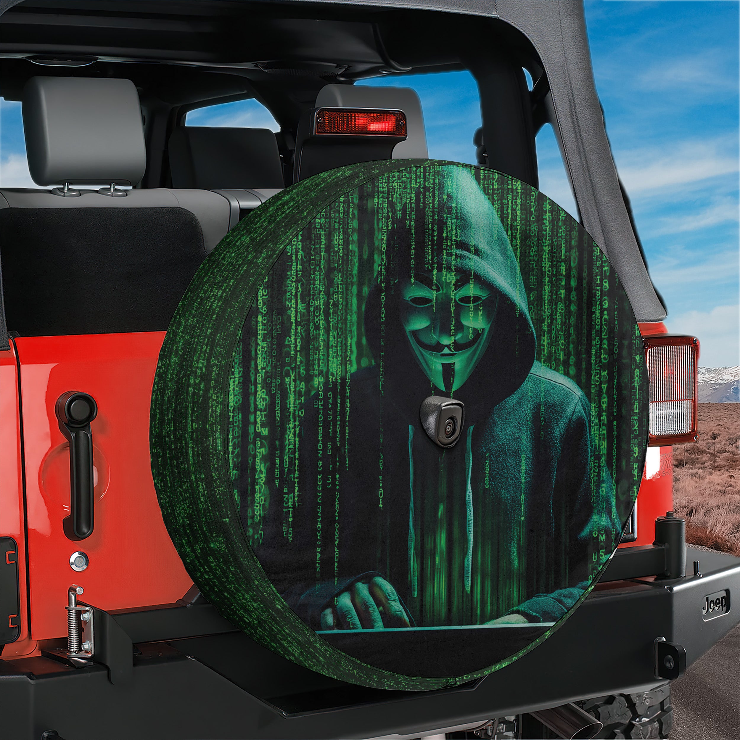 Anonymous Hacker Mask Matrix Style Tire Cover