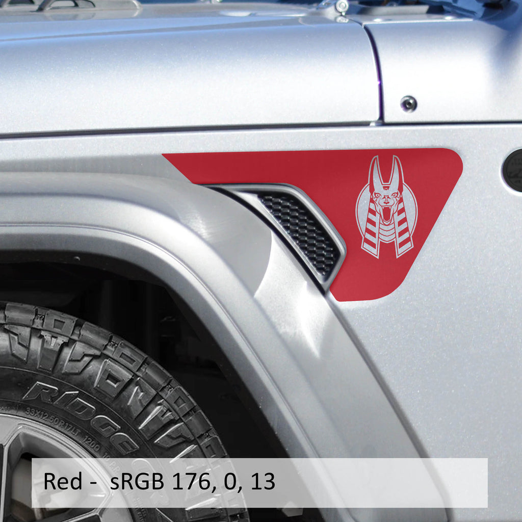 Red Egyptian Anubis head decal applied to Jeep billet aluminum fender vent insert