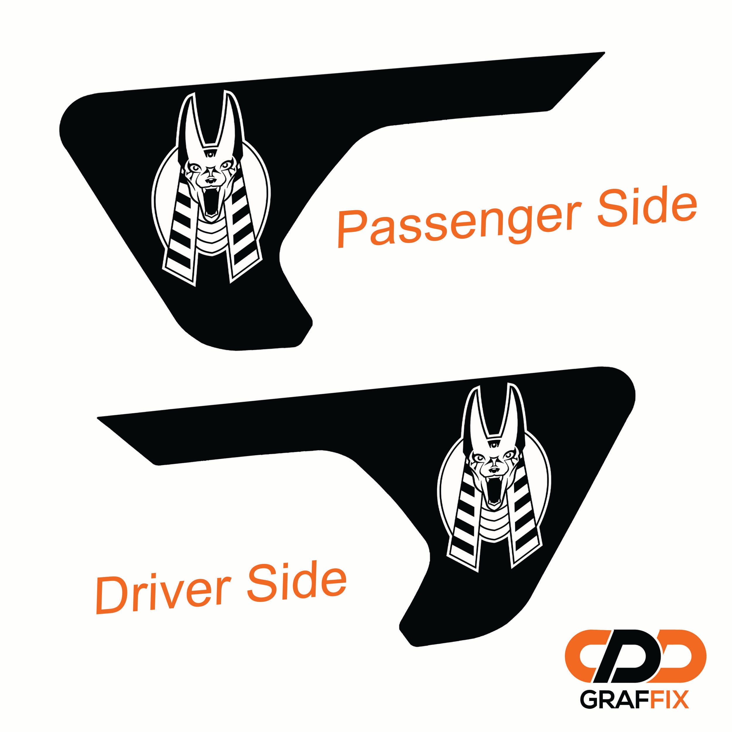 Egyptian Anubis head vinyl decal applied to Jeep Wrangler billet fender vent insert
