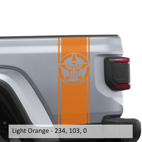 Light orange Autobot star bedside stripe decal pair on Jeep Wrangler JL pickup bed