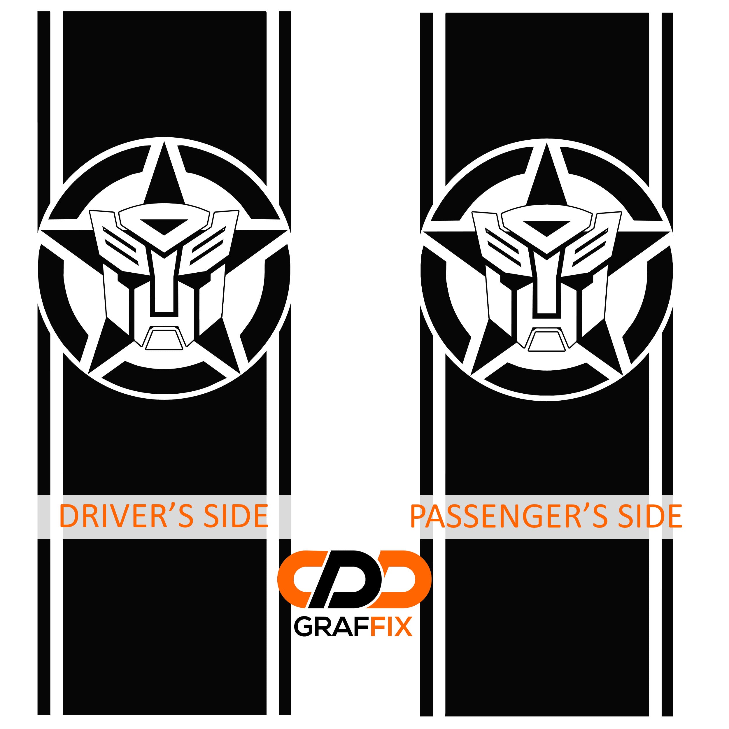 Autobot star bedside stripe decal pair flat layout with driver and passenger side labels