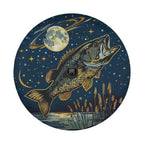 Bass under moonlight spare tire cover with center camera port showing leaping fish and saturn moon