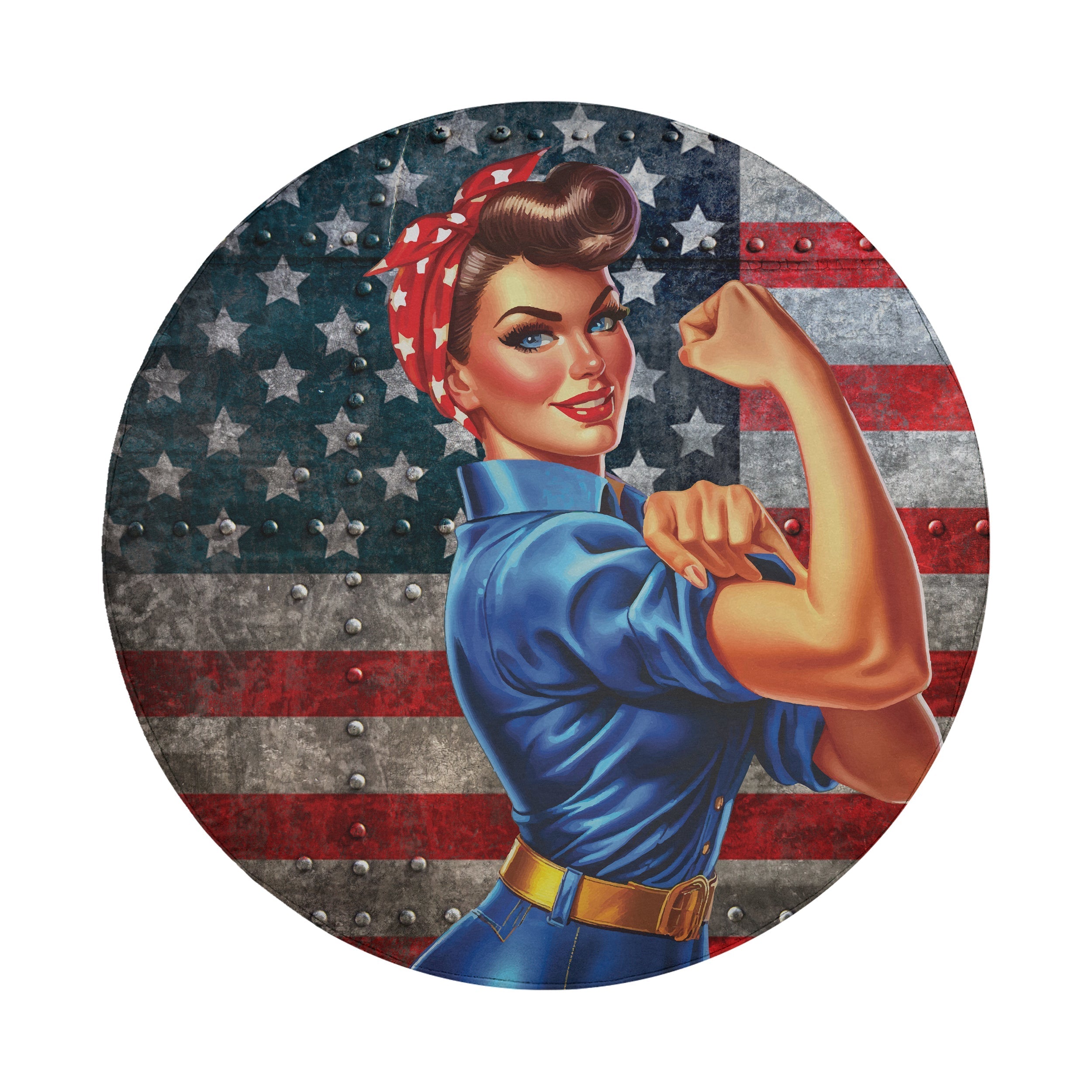 WWII Labor Woman spare tire cover product view of Rosie the Riveter on US flag no camera hole