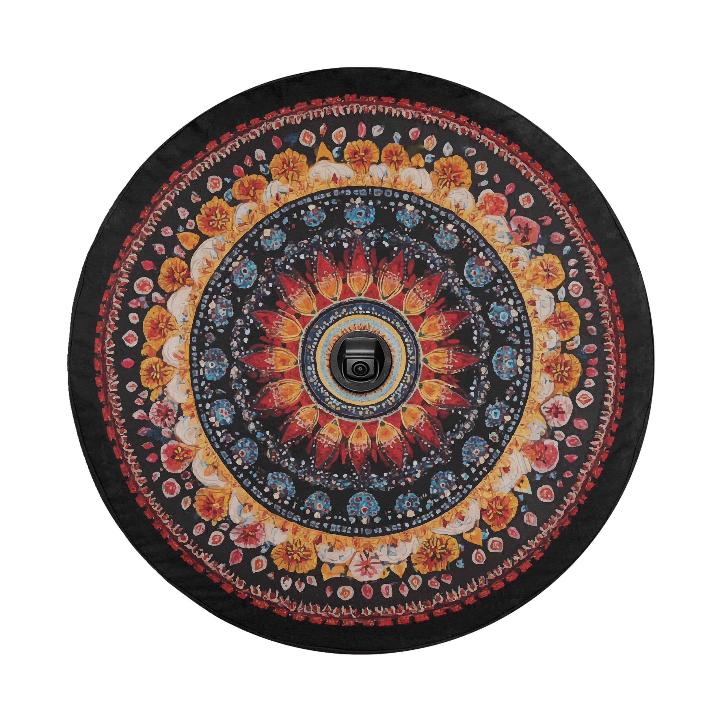 Detailed mandala spare tire cover with ornate concentric geometric design on circular canvas