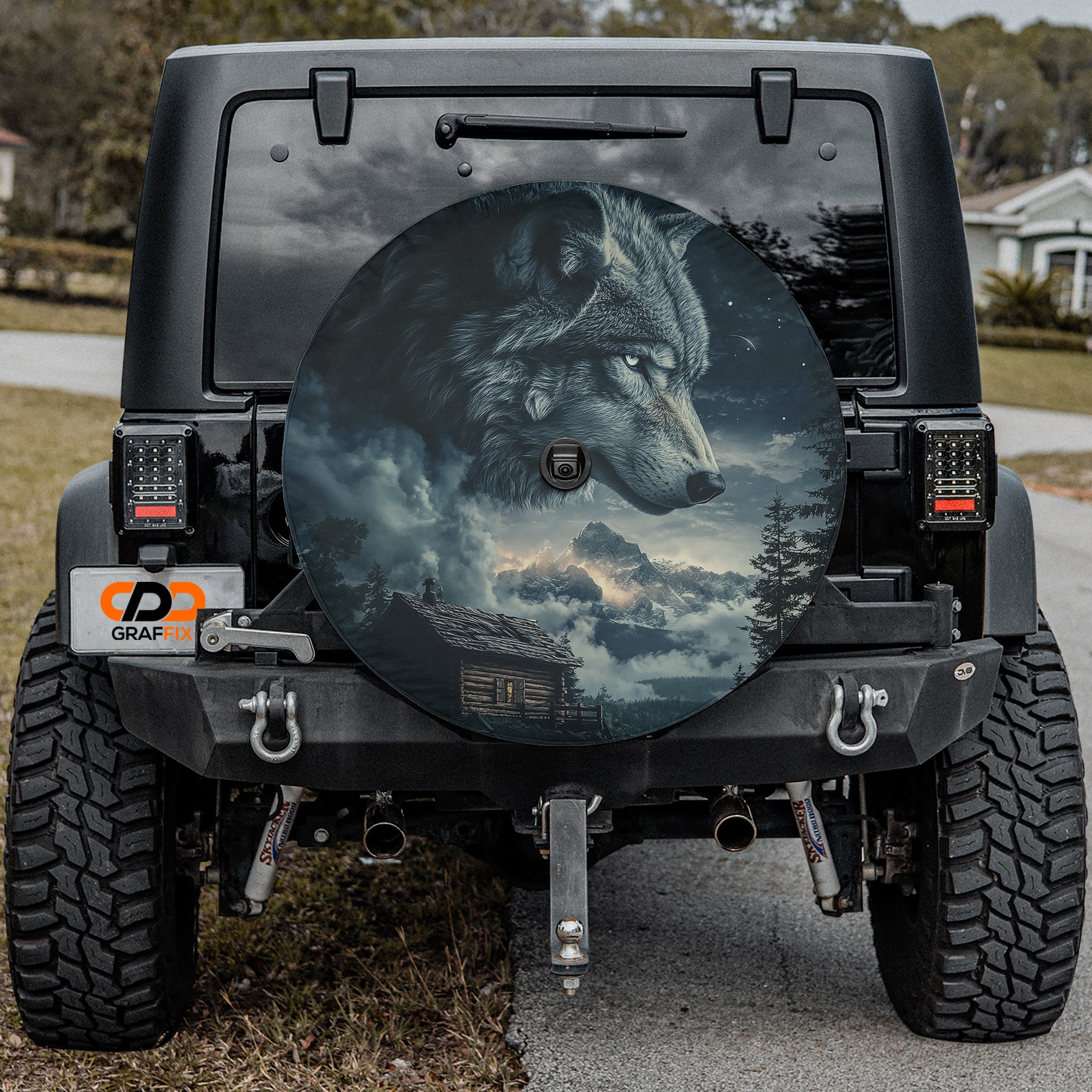 Spirit Wolf Overlook design printed spare tire cover with optional backup camera hole by Graffix