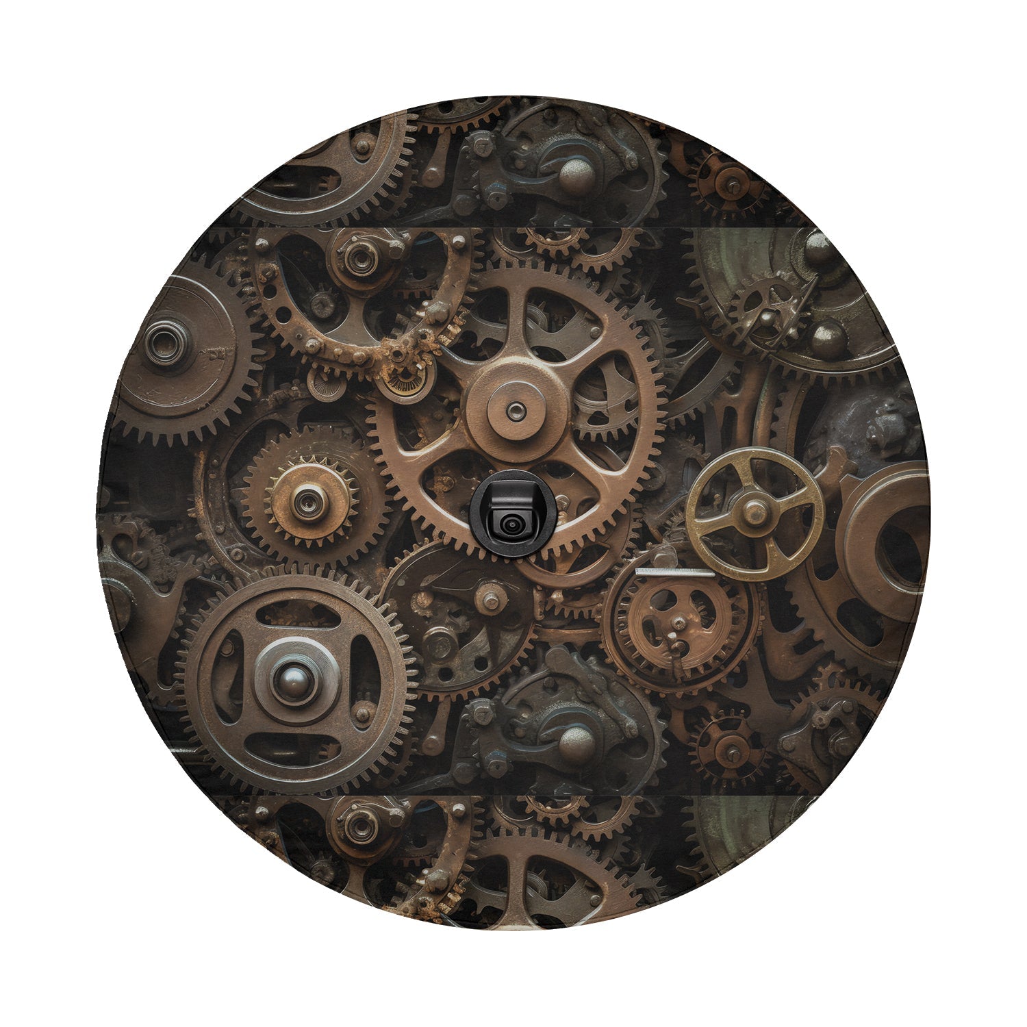 Round spare tire cover with bronze gears sprockets and backup camera hole opening on white background