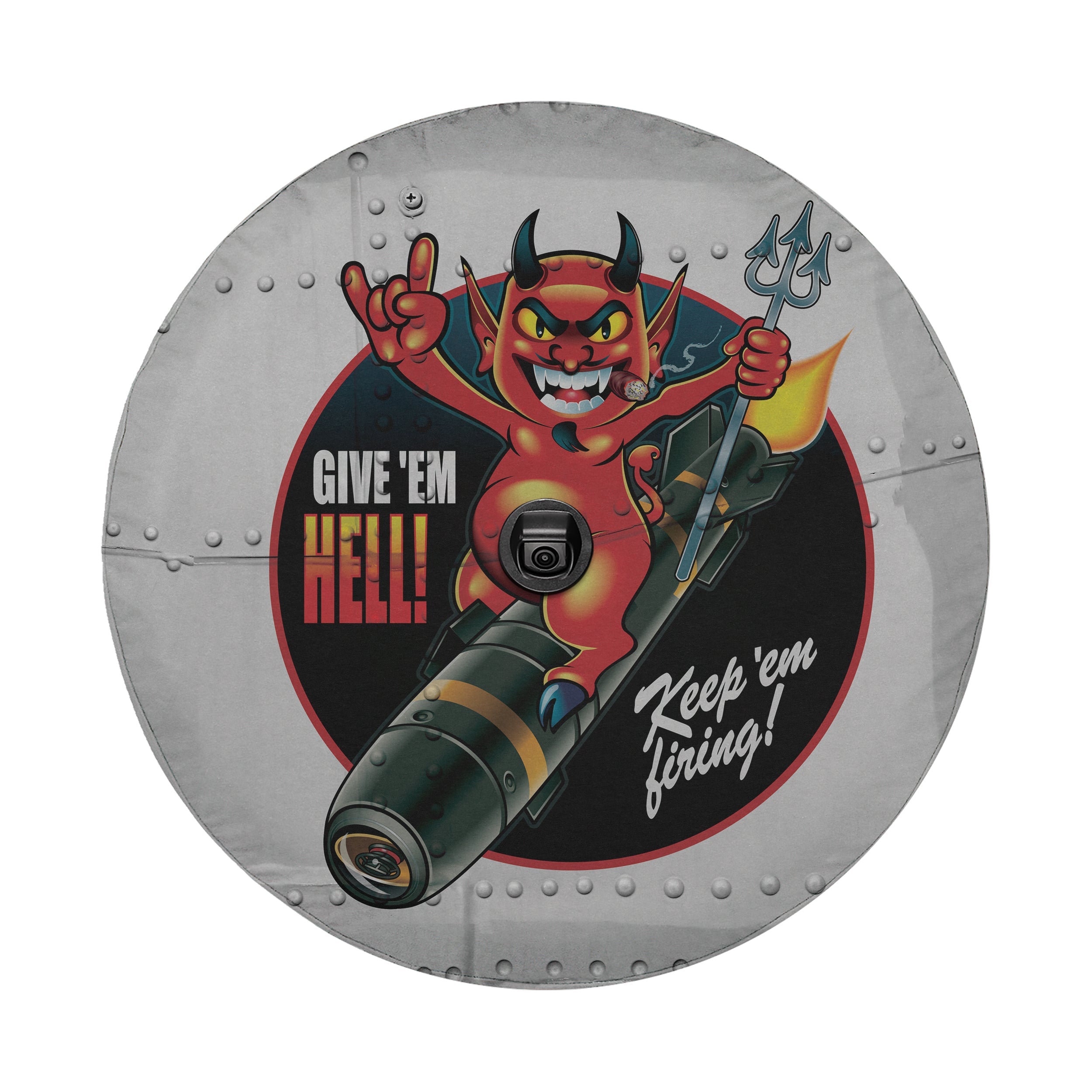 Give Em Hell Vintage Bomber spare tire cover round flat view with camera cutout pinup art