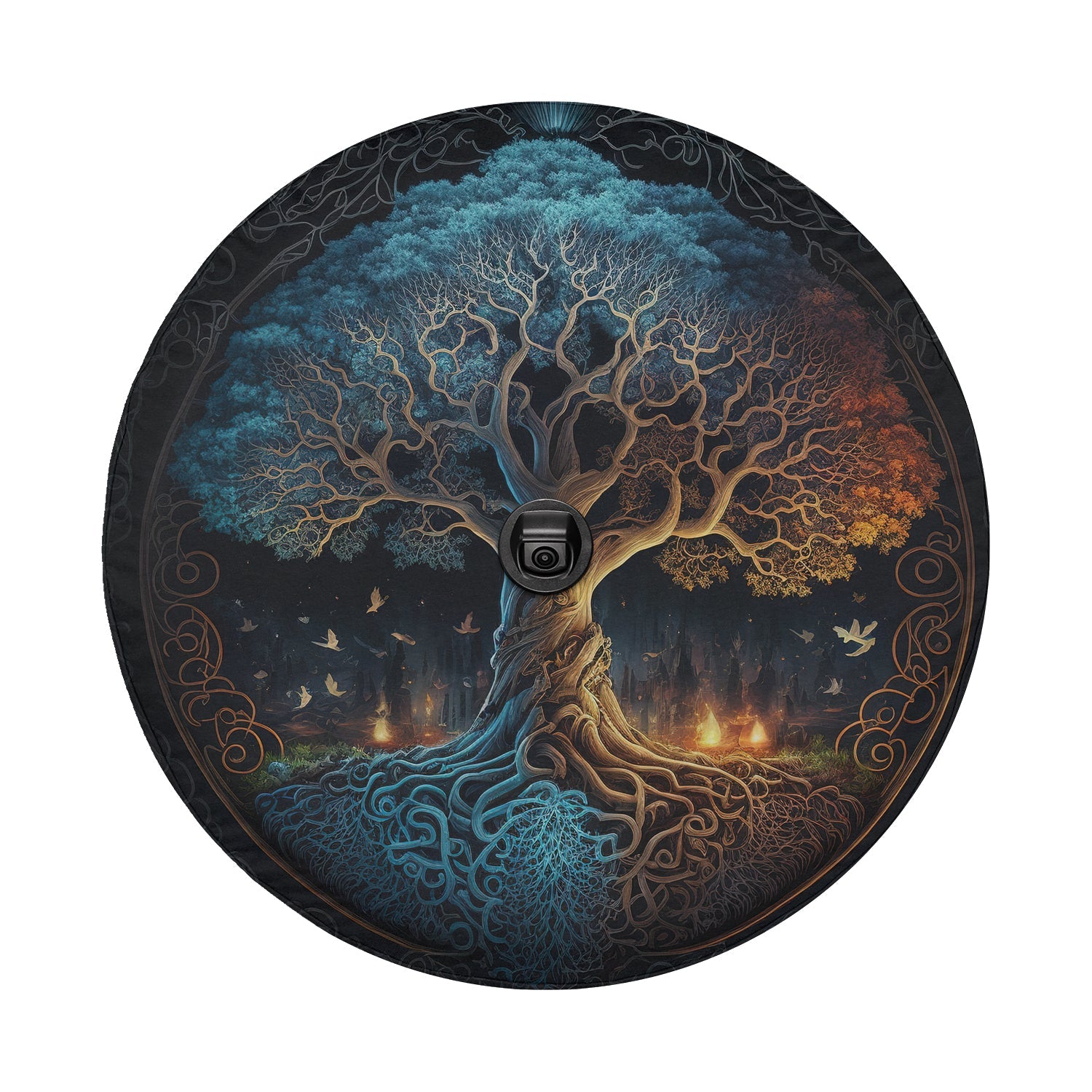 Norse Tree of Life cover with backup camera cutout mystical glowing branches roots on white background