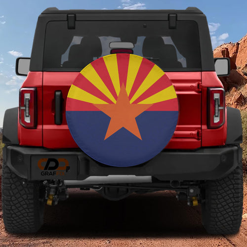 Arizona State Flag spare tire cover on red Ford Bronco rear with rays and orange copper star design