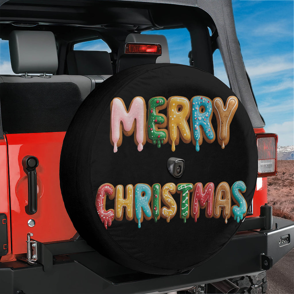 A red Jeep with a tire cover featuring the text "MERRY CHRISTMAS" in a creative and colorful design.
