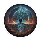 The image is a circular artwork depicting a tree with roots extending into a vibrant, cosmic landscape.