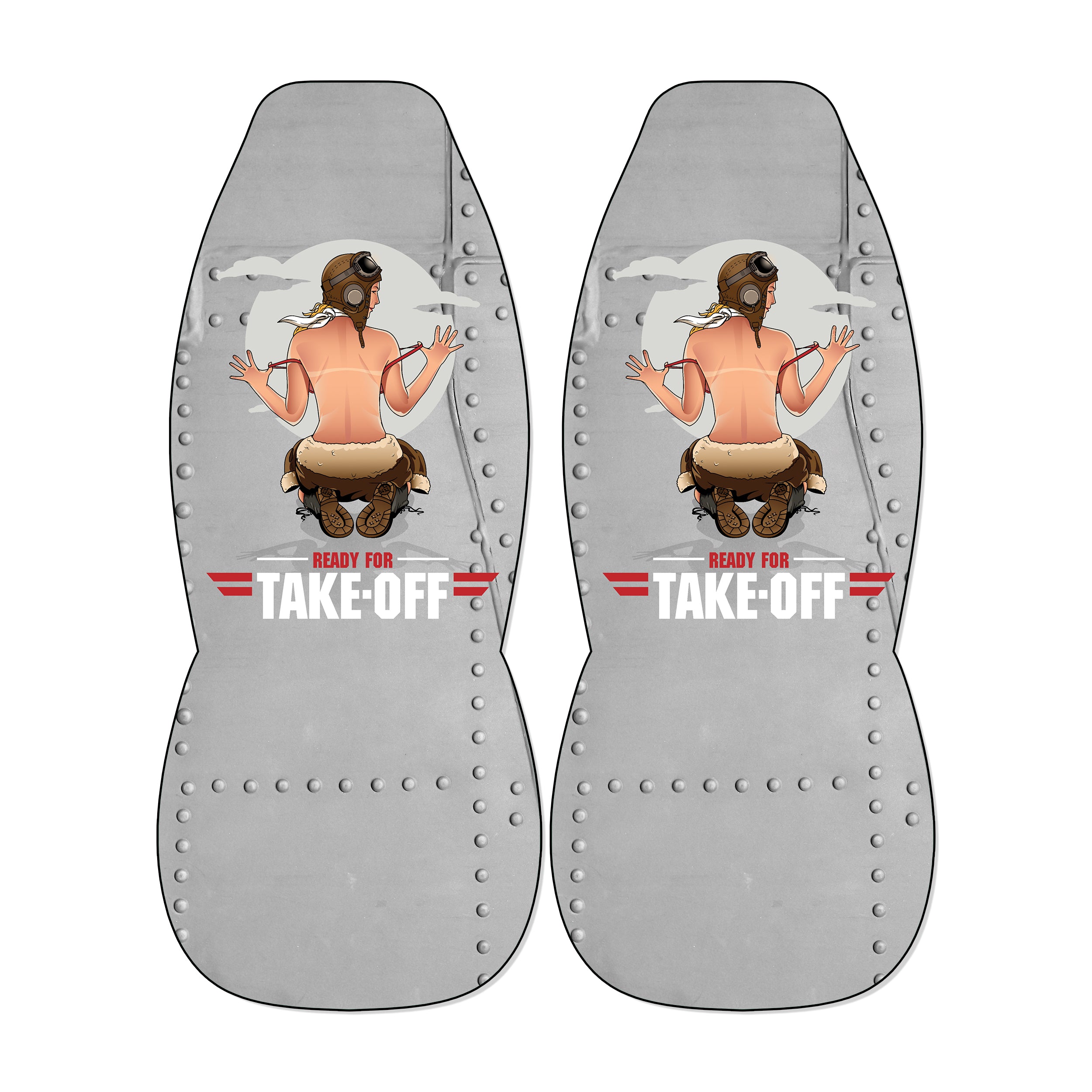 a pair of gray metal seat covers with a graphic design depicting a woman in a pilot's uniform. The text "READY FOR TAKE-OFF" is prominently displayed on the seat covers.
