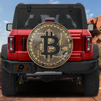 Bitcoin Crypto Token spare tire cover mounted on a red Bronco rear with golden B coin and circuit ring