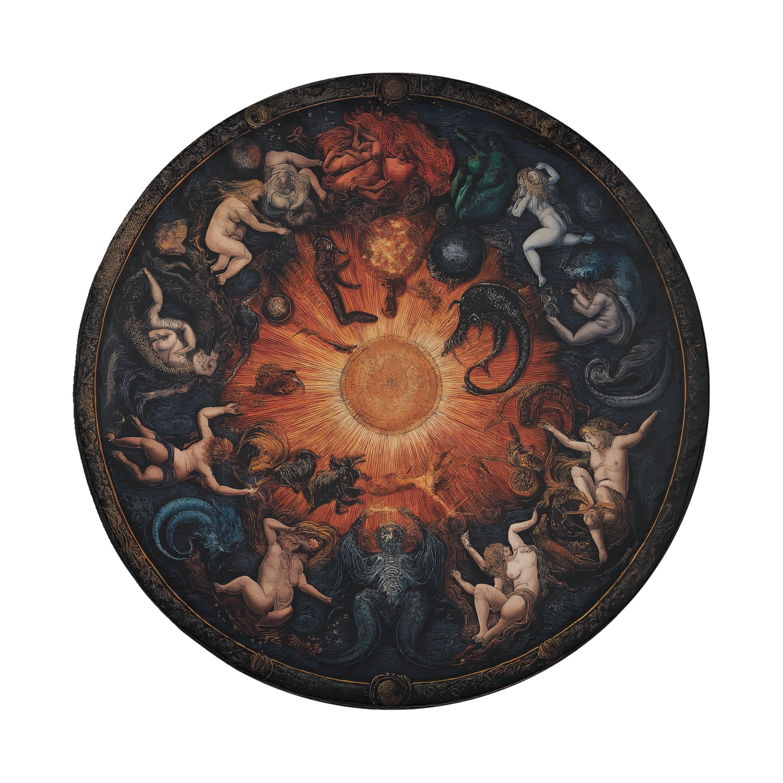 Celestial Zodiac Masterpiece spare tire cover round design with classical sun and zodiac symbols painted