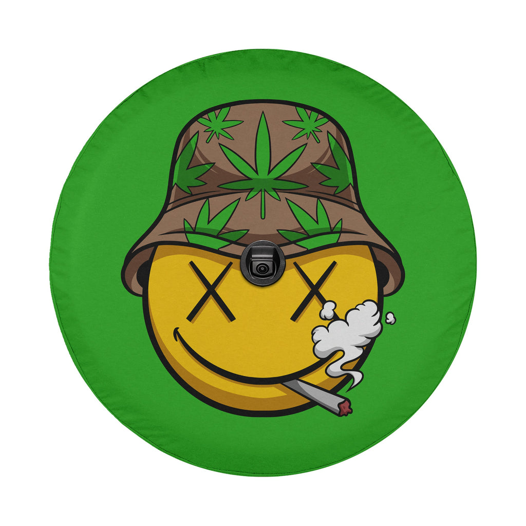 High Times spare tire cover with marijuana smiley on red Bronco with CDD GRAFFIX brand badge