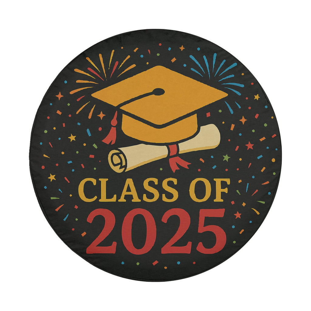 Class of 2025 spare tire cover flat view with graduation cap diploma and confetti design