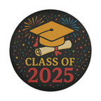 Class of 2025 spare tire cover flat view with graduation cap diploma and confetti design