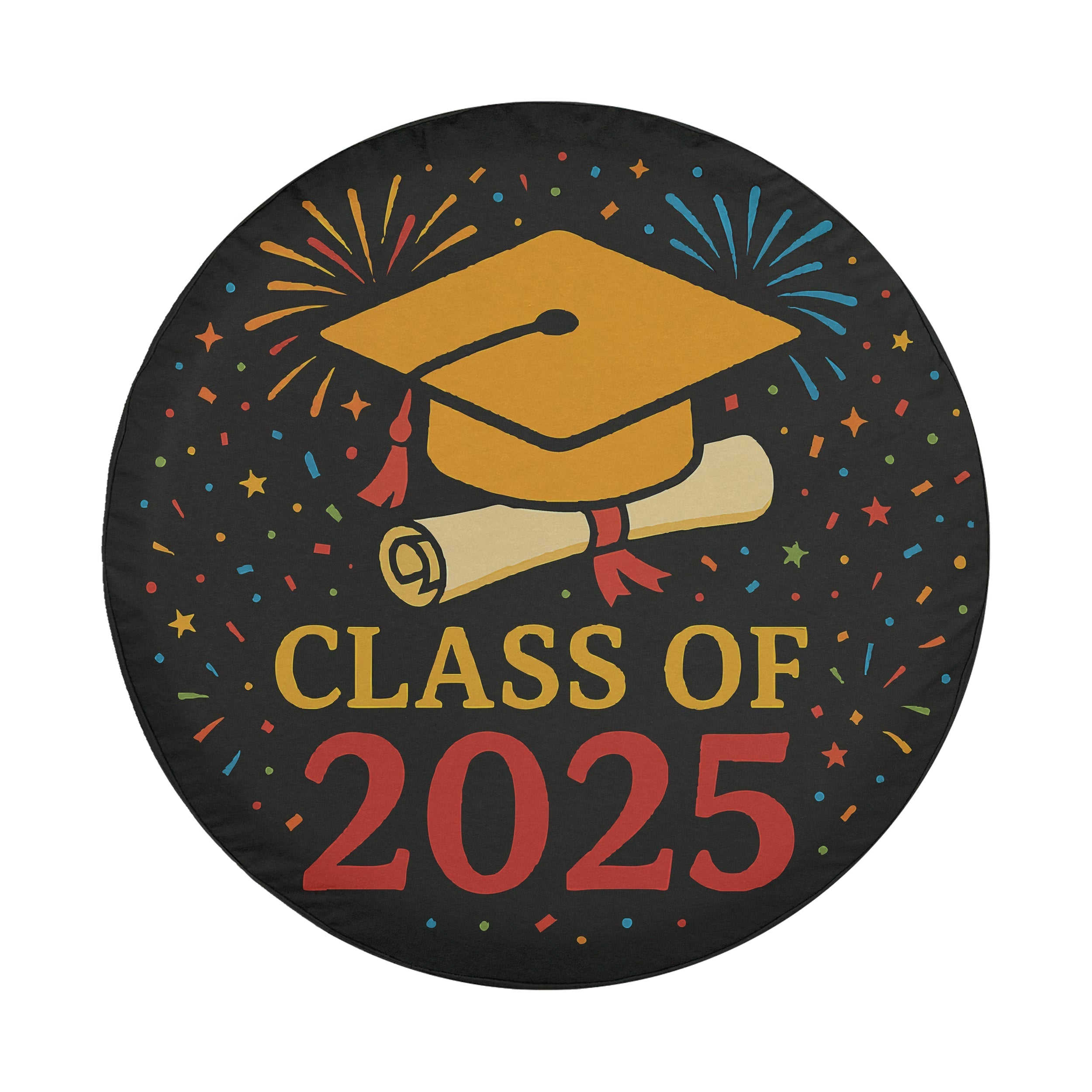 Class of 2025 spare tire cover flat view with graduation cap diploma and confetti design