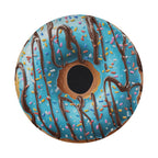A colorful donut with blue icing and chocolate drizzle, decorated with rainbow sprinkles.
