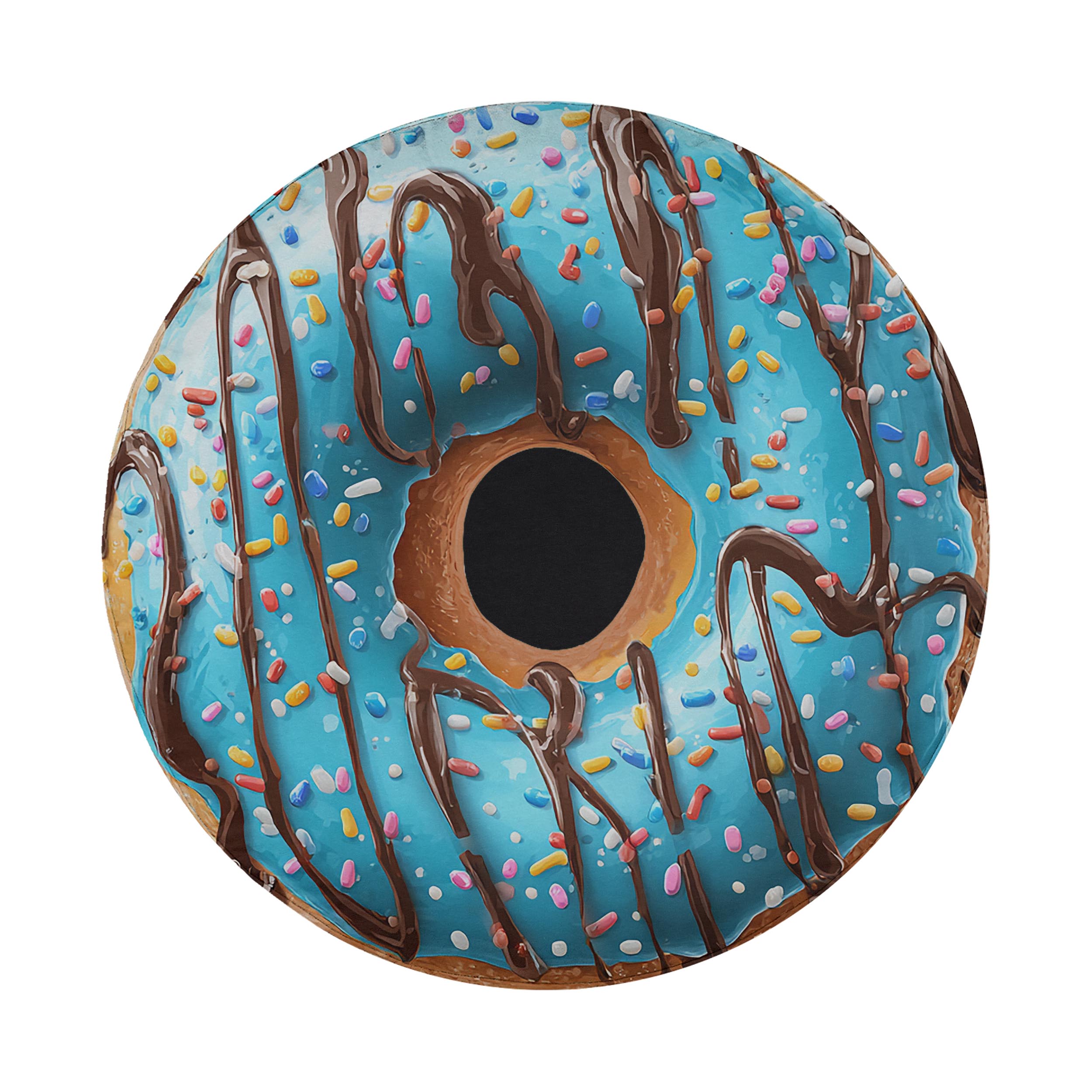 A colorful donut with blue icing and chocolate drizzle, decorated with rainbow sprinkles.