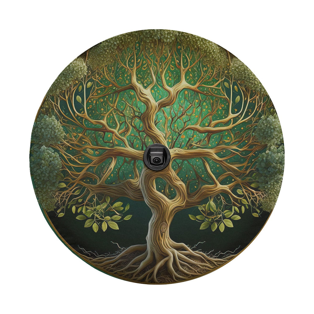 Norse Yggdrasil tree of life spare tire cover standalone view with golden roots and lush green canopy