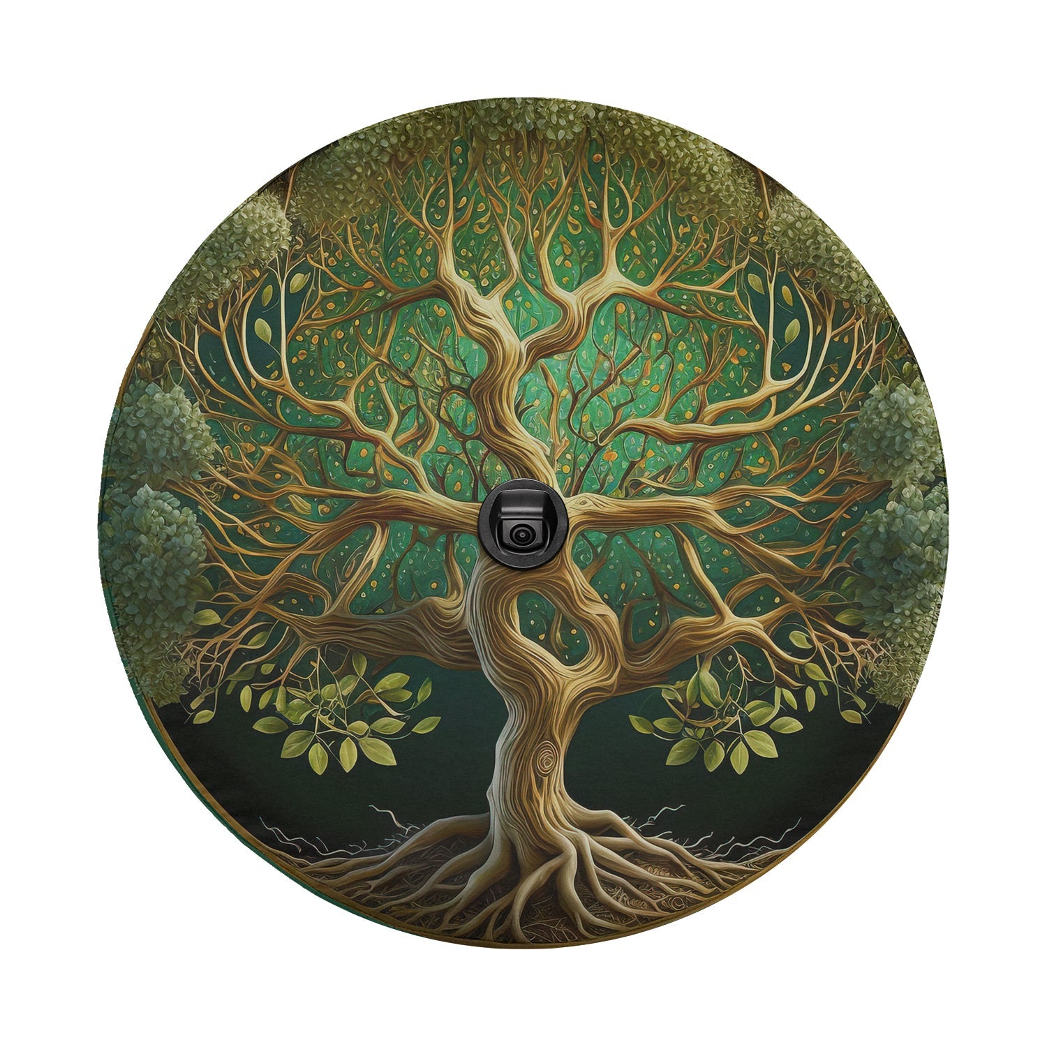 Norse Yggdrasil tree of life spare tire cover standalone view with golden roots and lush green canopy