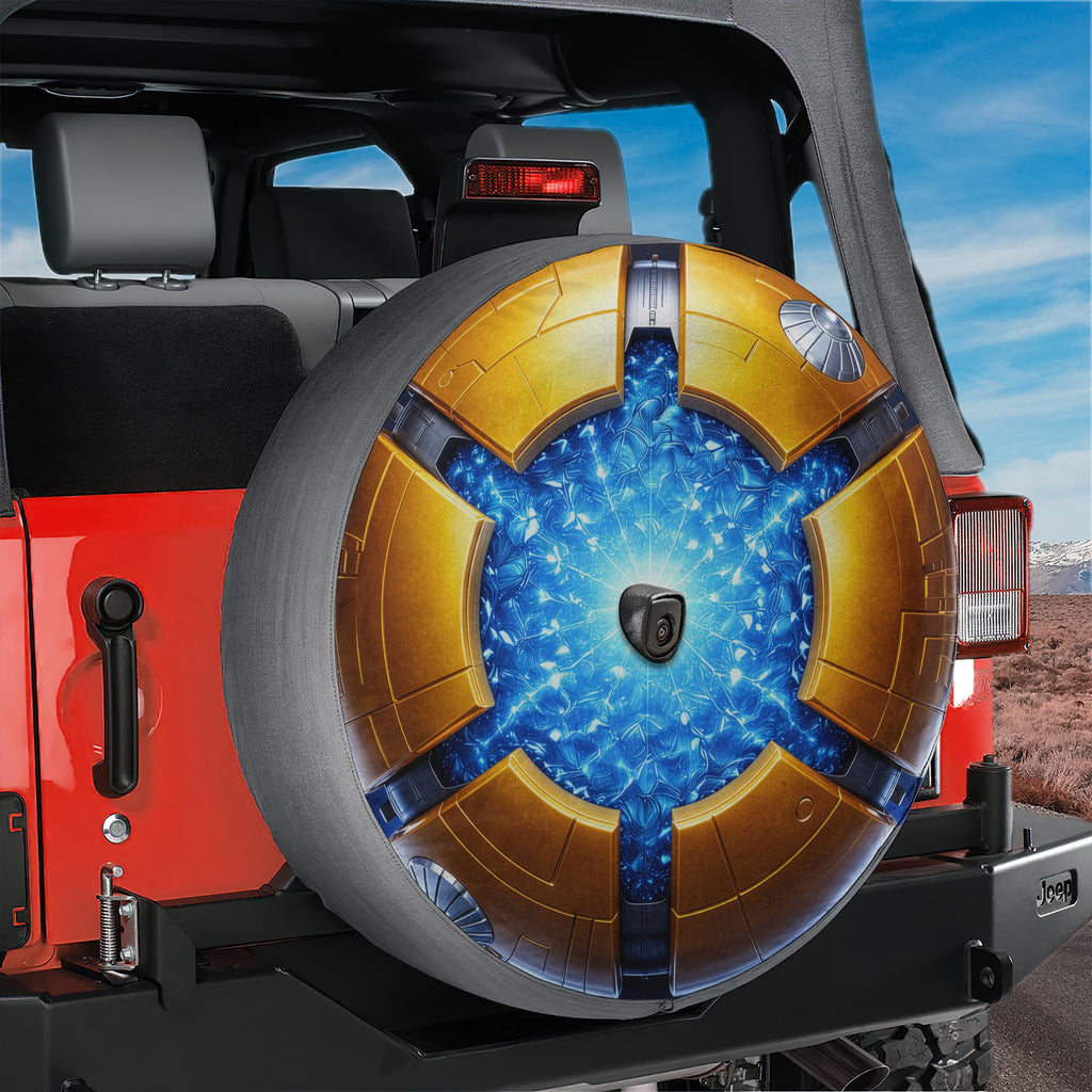 a red Jeep with a large, eye-catching tire cover that has a futuristic design with blue and gold colors.
