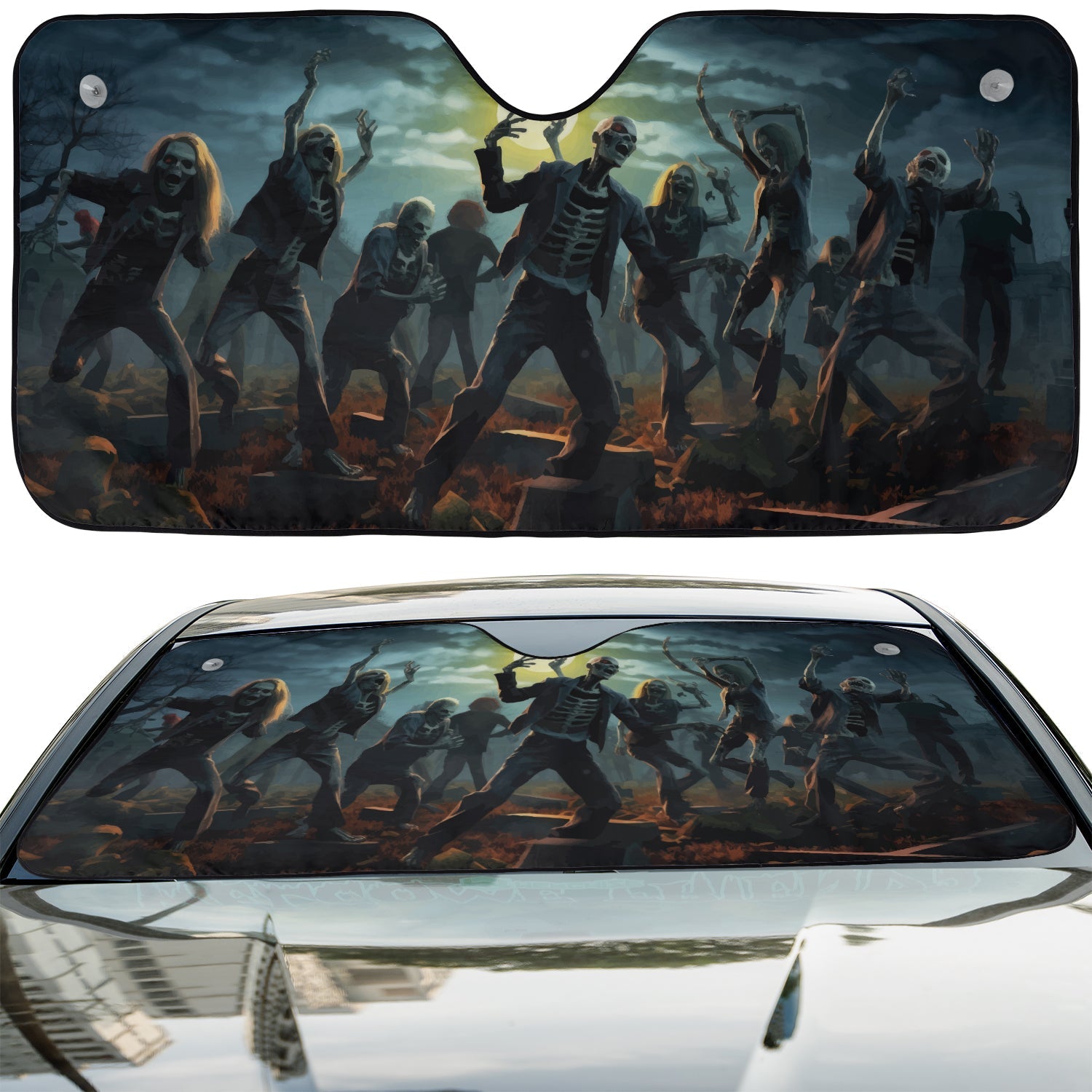 Zombie Dance accordion sunshade installed in a sedan windshield on a sunny urban city street view scene