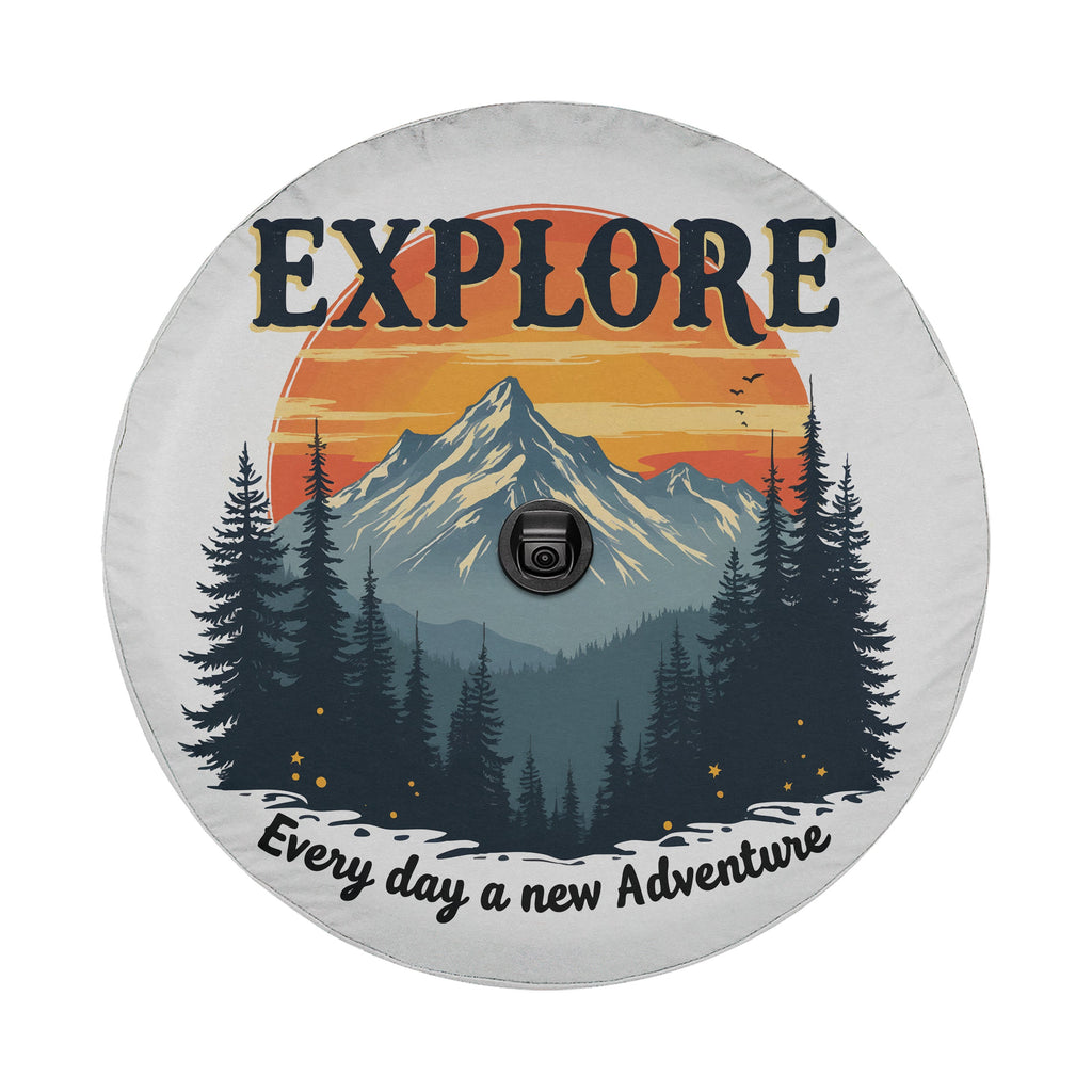 Explore Everyday spare tire cover on red Jeep Wrangler showcasing retro mountain adventure art