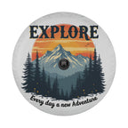 Explore Everyday spare tire cover on red Jeep Wrangler showcasing retro mountain adventure art