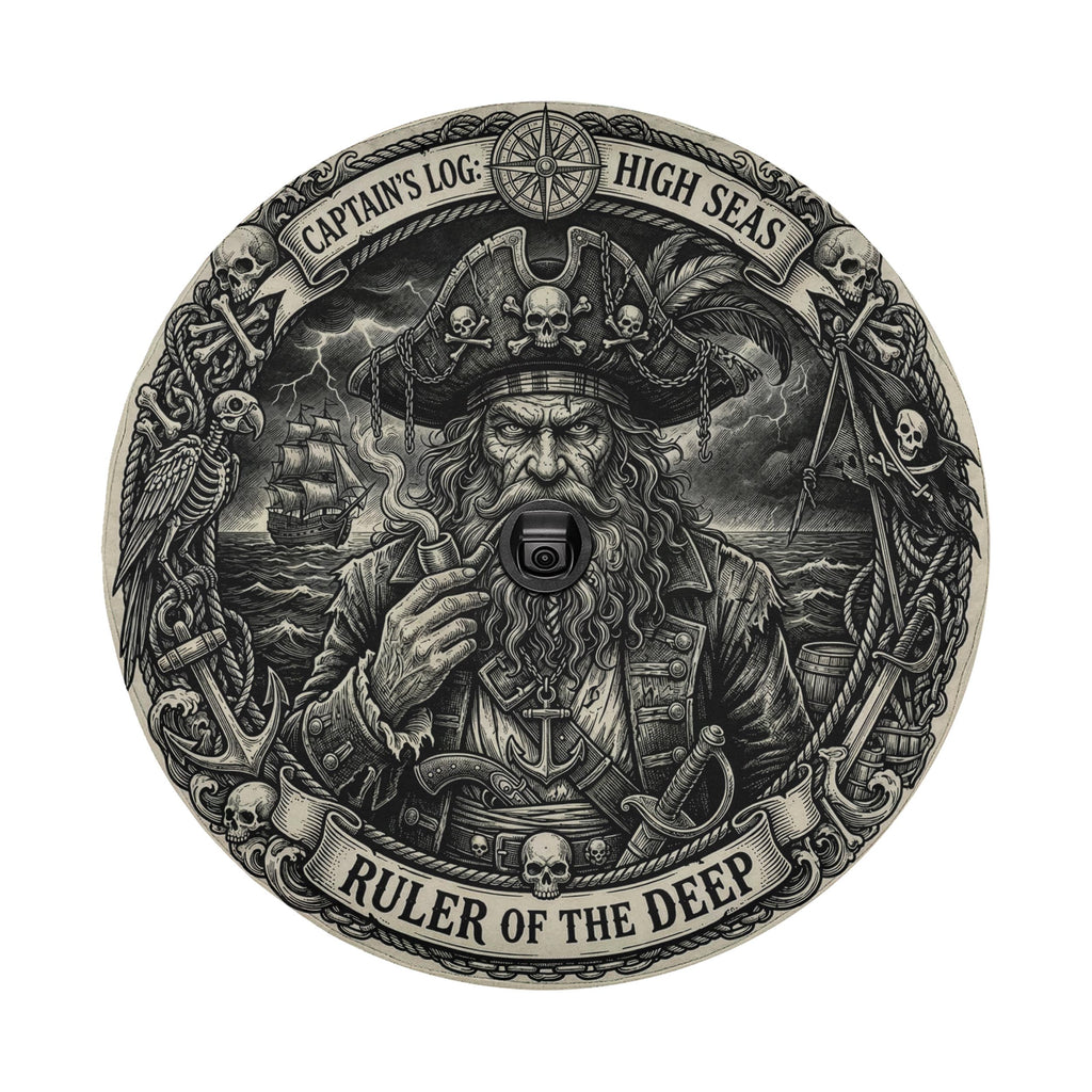 The image is a detailed illustration of a pirate, featuring a large skull and crossbones symbol, a pirate hat, and a ship in the background. The pirate is holding a pipe and appears to be smoking. The text "CAPTAIN'S LOG: HIGH SEAS" and "RULER OF THE DEEP" is prominently displayed around the pirate, emphasizing the pirate's title and role.