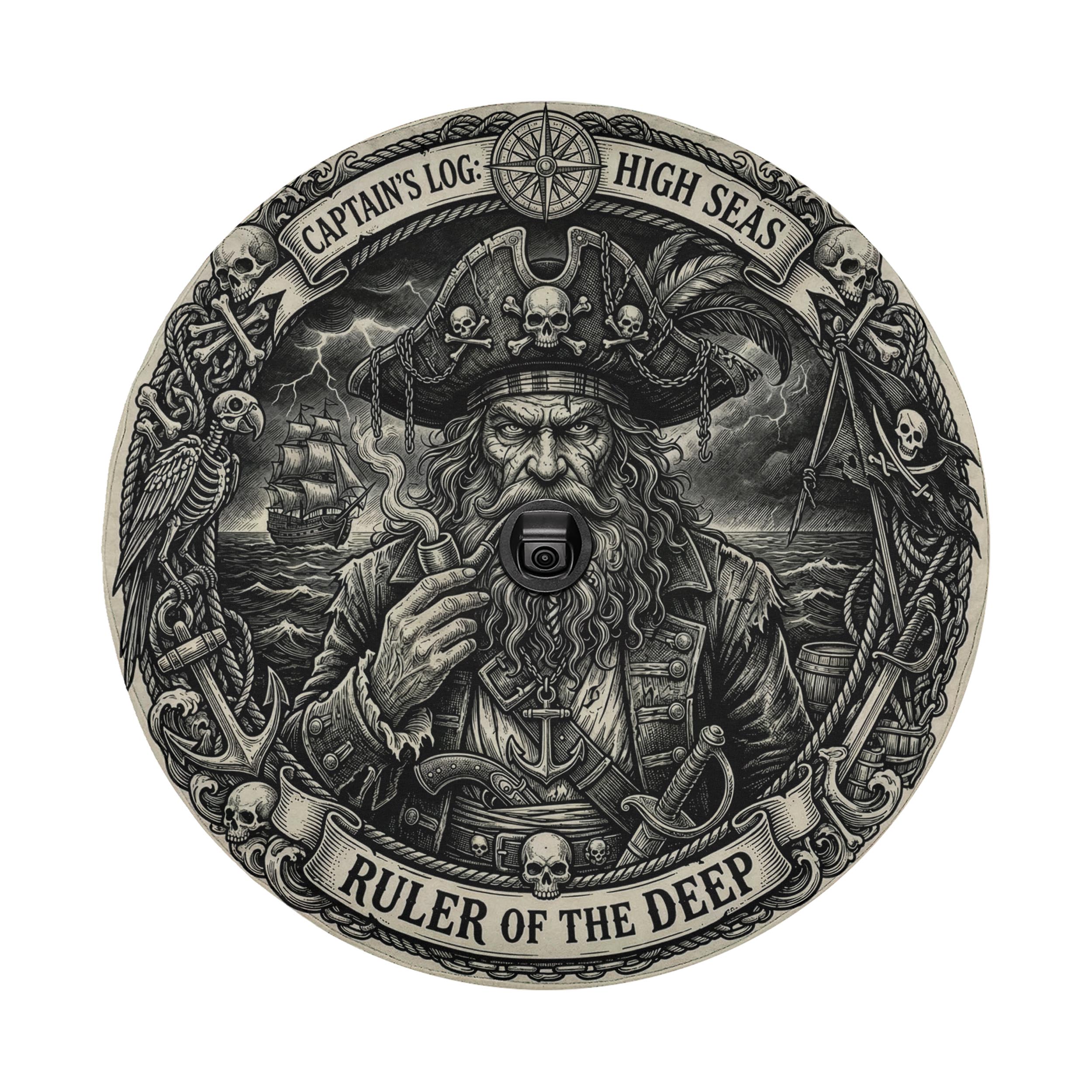 The image is a detailed illustration of a pirate, featuring a large skull and crossbones symbol, a pirate hat, and a ship in the background. The pirate is holding a pipe and appears to be smoking. The text "CAPTAIN'S LOG: HIGH SEAS" and "RULER OF THE DEEP" is prominently displayed around the pirate, emphasizing the pirate's title and role.