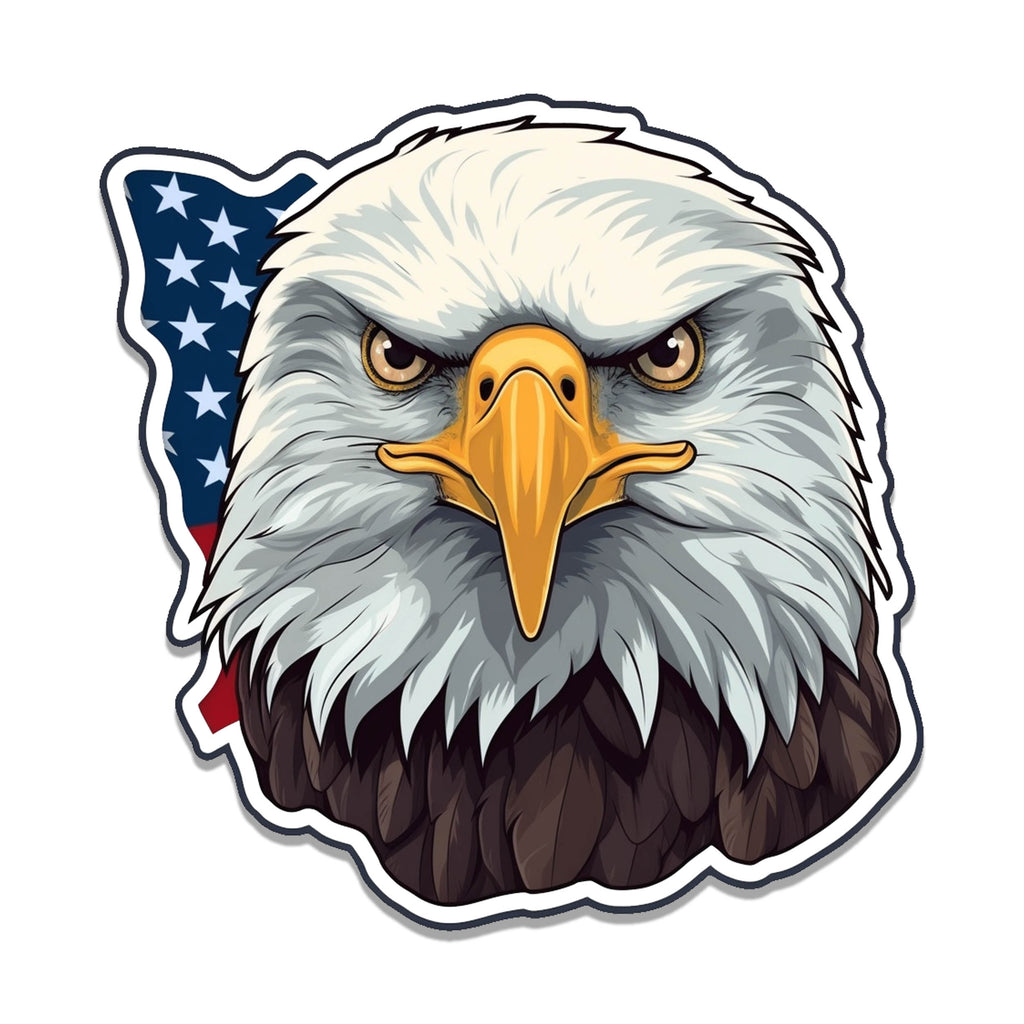 Front-facing bald-eagle sticker with white head, fierce yellow beak, and US flag panel curving behind body