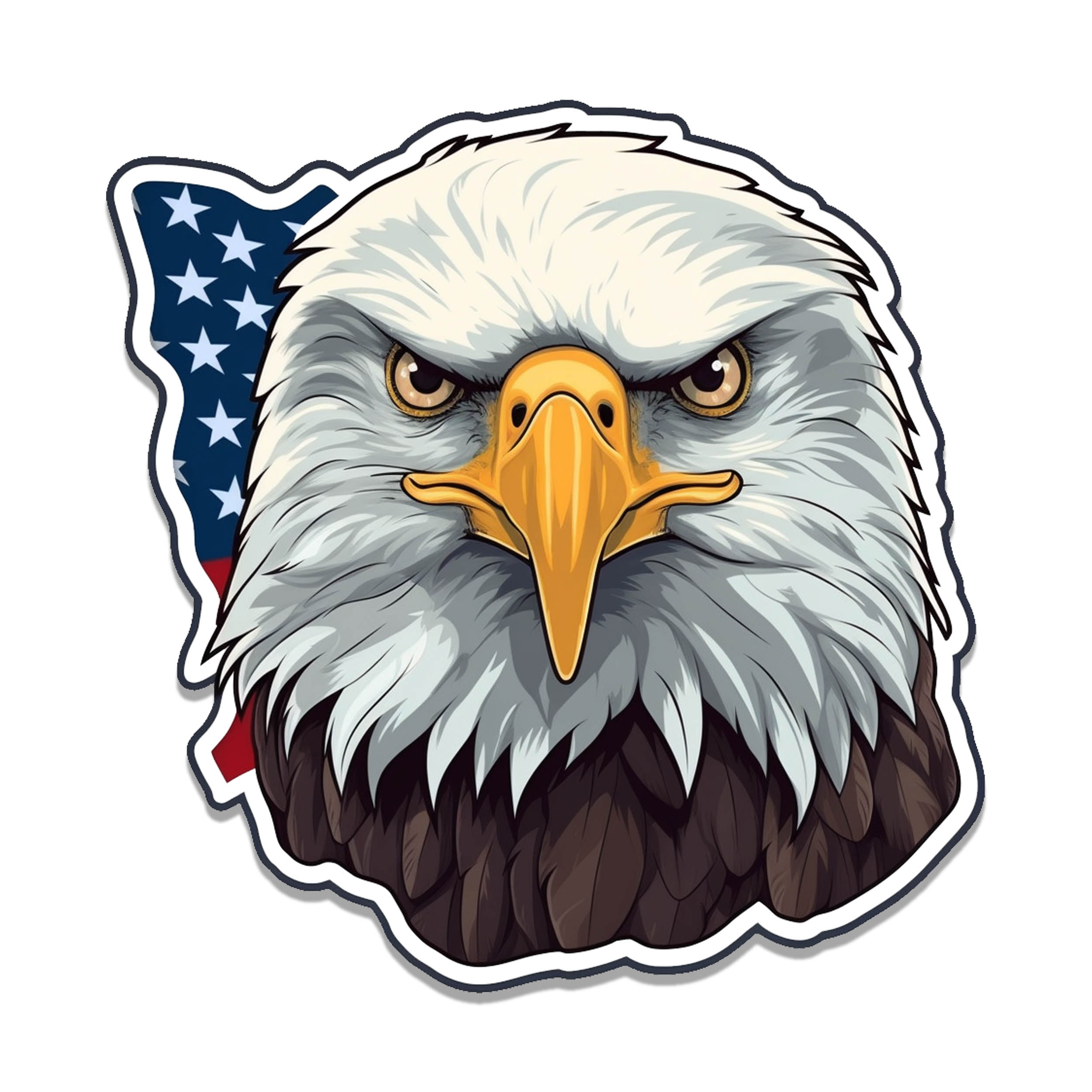 Front-facing bald-eagle sticker with white head, fierce yellow beak, and US flag panel curving behind body