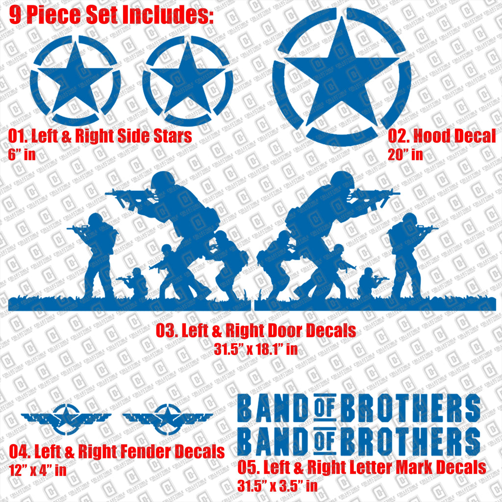 Band of Brothers US Army Veteran Military 9pc Vinyl Decal Vehicle Kit - Fits Jeep Wrangler JK/JKU/JL Gladiator JT