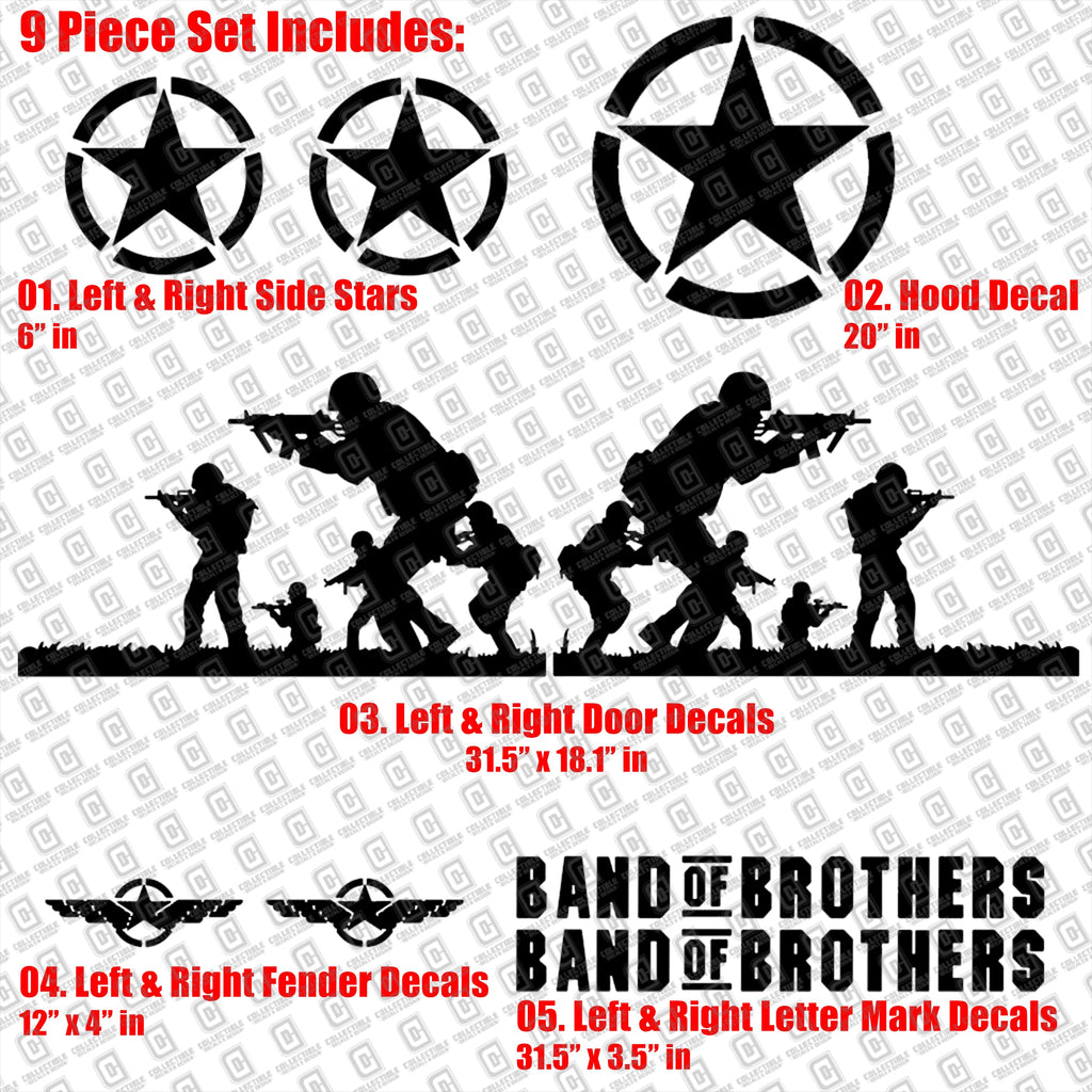 Band of Brothers US Army Veteran Military 9pc Vinyl Decal Vehicle Kit - Fits Jeep Wrangler JK/JKU/JL Gladiator JT