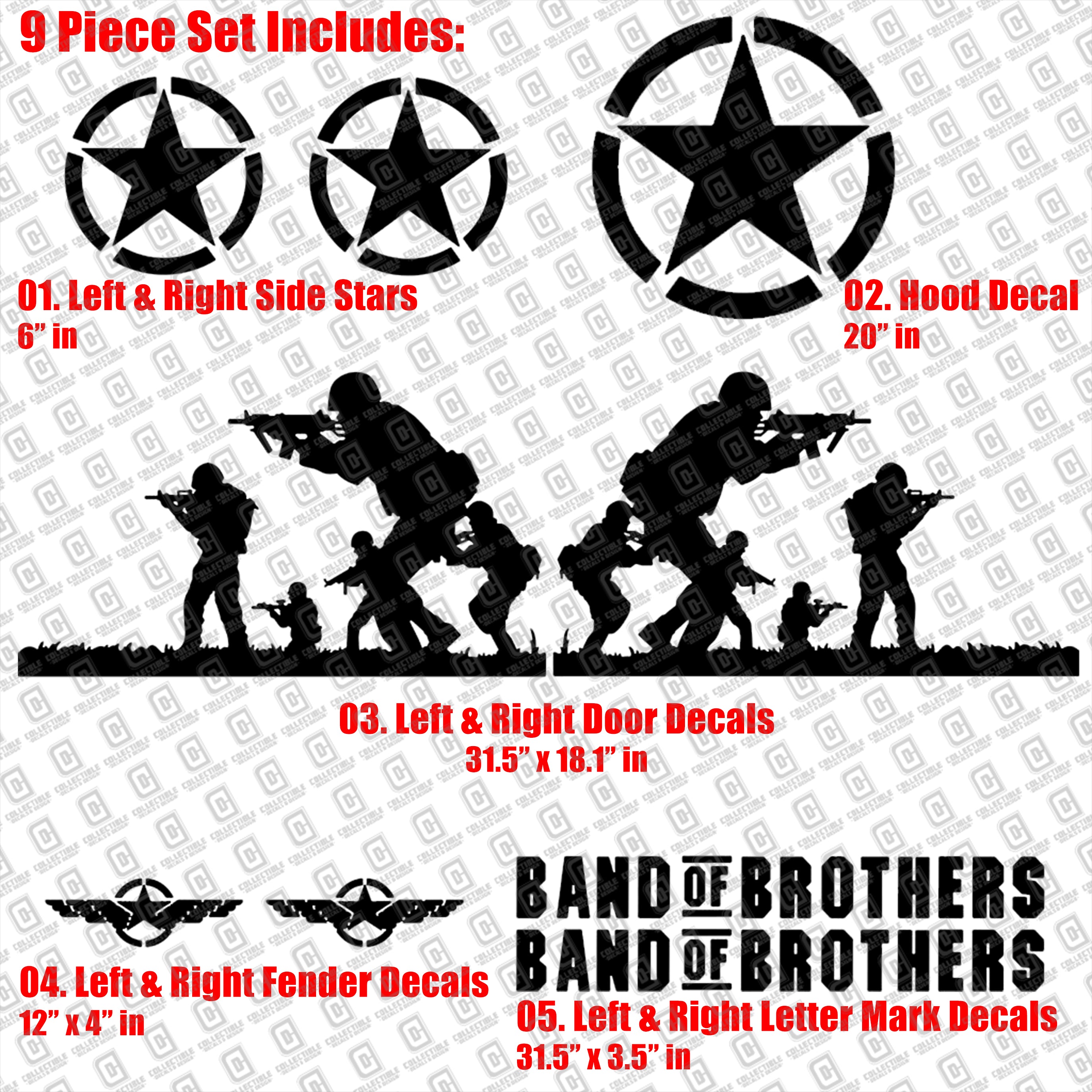 Band of Brothers US Army Veteran Military 9pc Vinyl Decal Vehicle Kit - Fits Jeep Wrangler JK/JKU/JL Gladiator JT