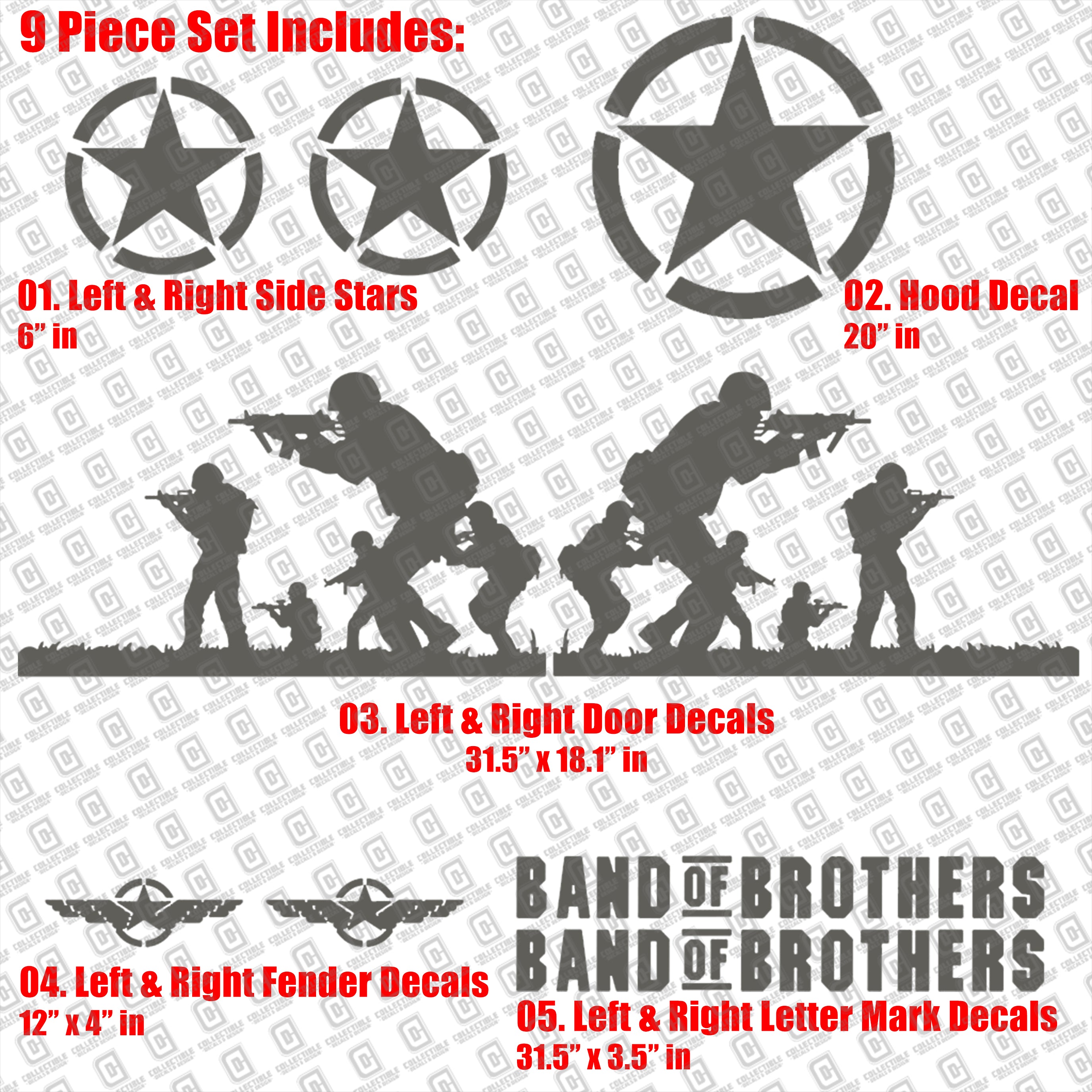 Band of Brothers US Army Veteran Military 9pc Vinyl Decal Vehicle Kit - Fits Jeep Wrangler JK/JKU/JL Gladiator JT