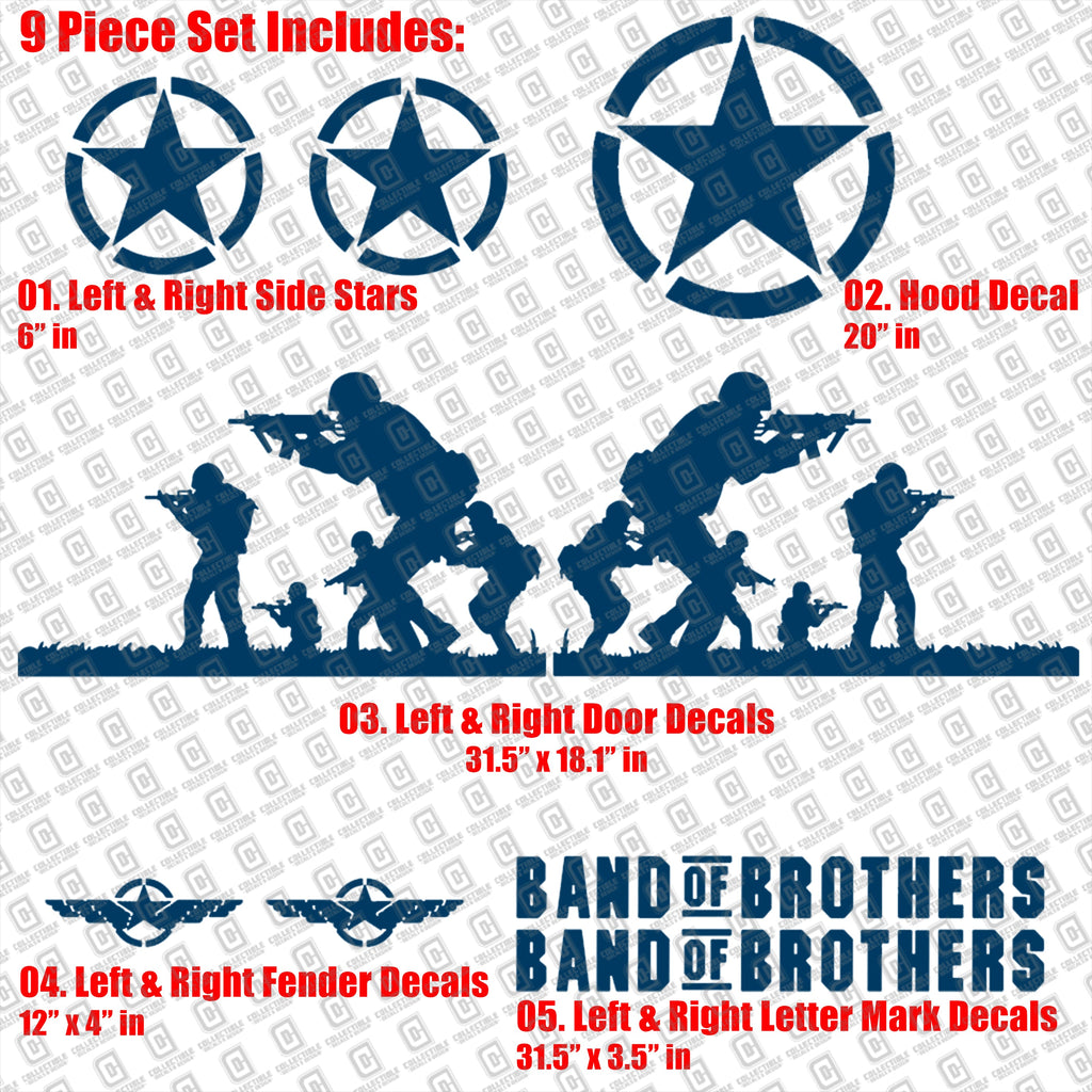 Band of Brothers US Army Veteran Military 9pc Vinyl Decal Vehicle Kit - Fits Jeep Wrangler JK/JKU/JL Gladiator JT