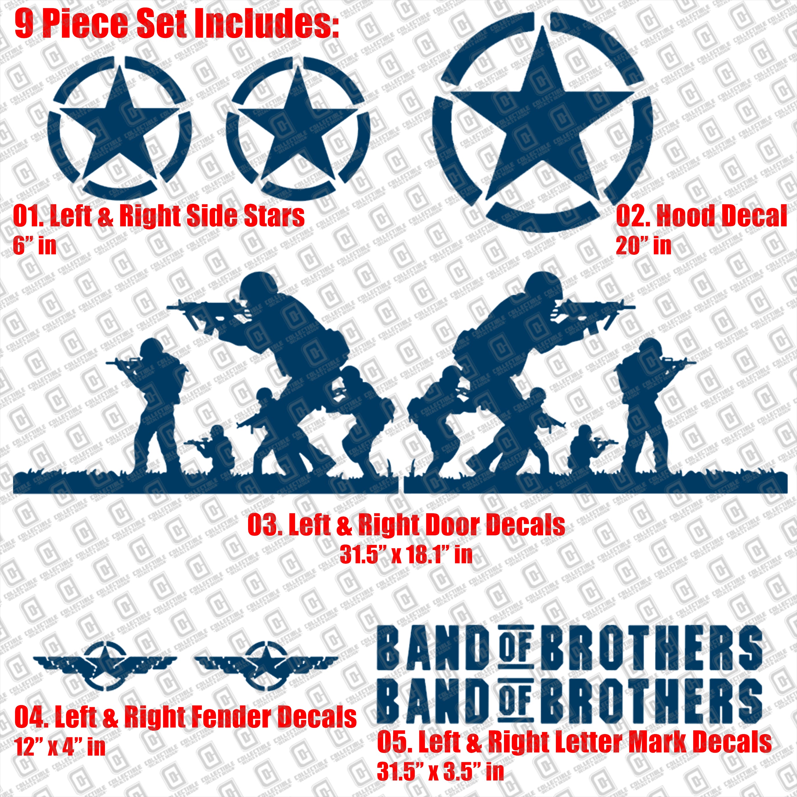 Band of Brothers US Army Veteran Military 9pc Vinyl Decal Vehicle Kit - Fits Jeep Wrangler JK/JKU/JL Gladiator JT