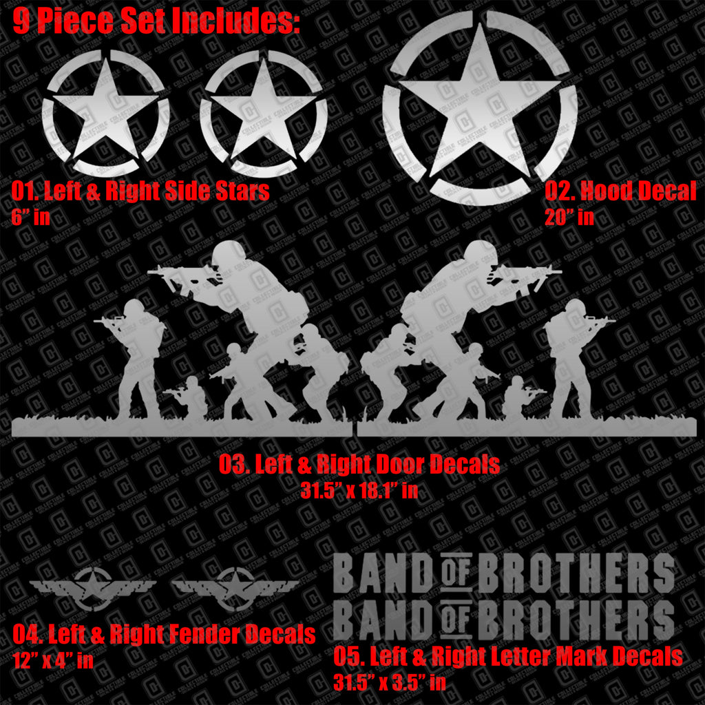 Band of Brothers US Army Veteran Military 9pc Vinyl Decal Vehicle Kit - Fits Jeep Wrangler JK/JKU/JL Gladiator JT