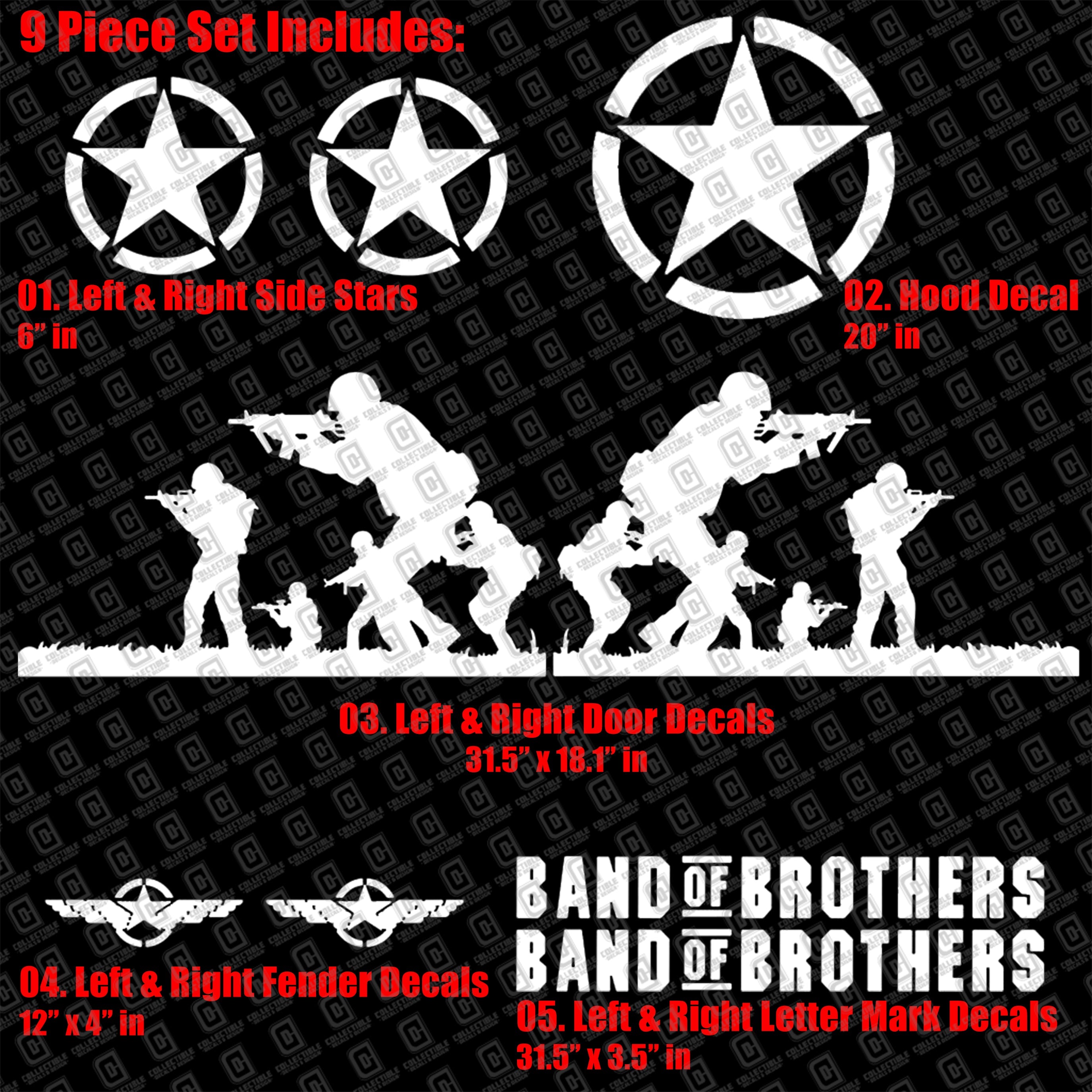 Band of Brothers US Army Veteran Military 9pc Vinyl Decal Vehicle Kit - Fits Jeep Wrangler JK/JKU/JL Gladiator JT