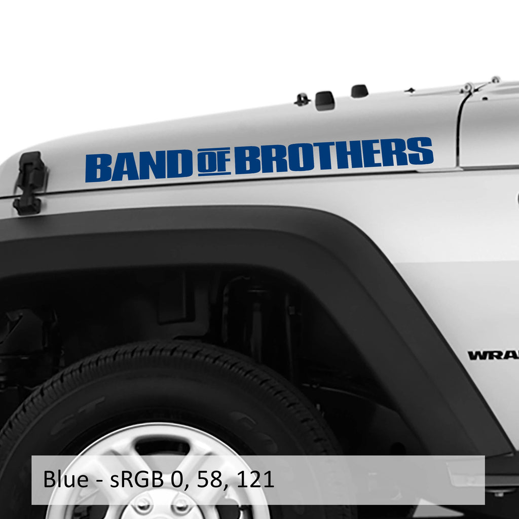 Blue BAND OF BROTHERS side-hood decal pair displayed on a white Jeep Wrangler with sRGB blue swatch label