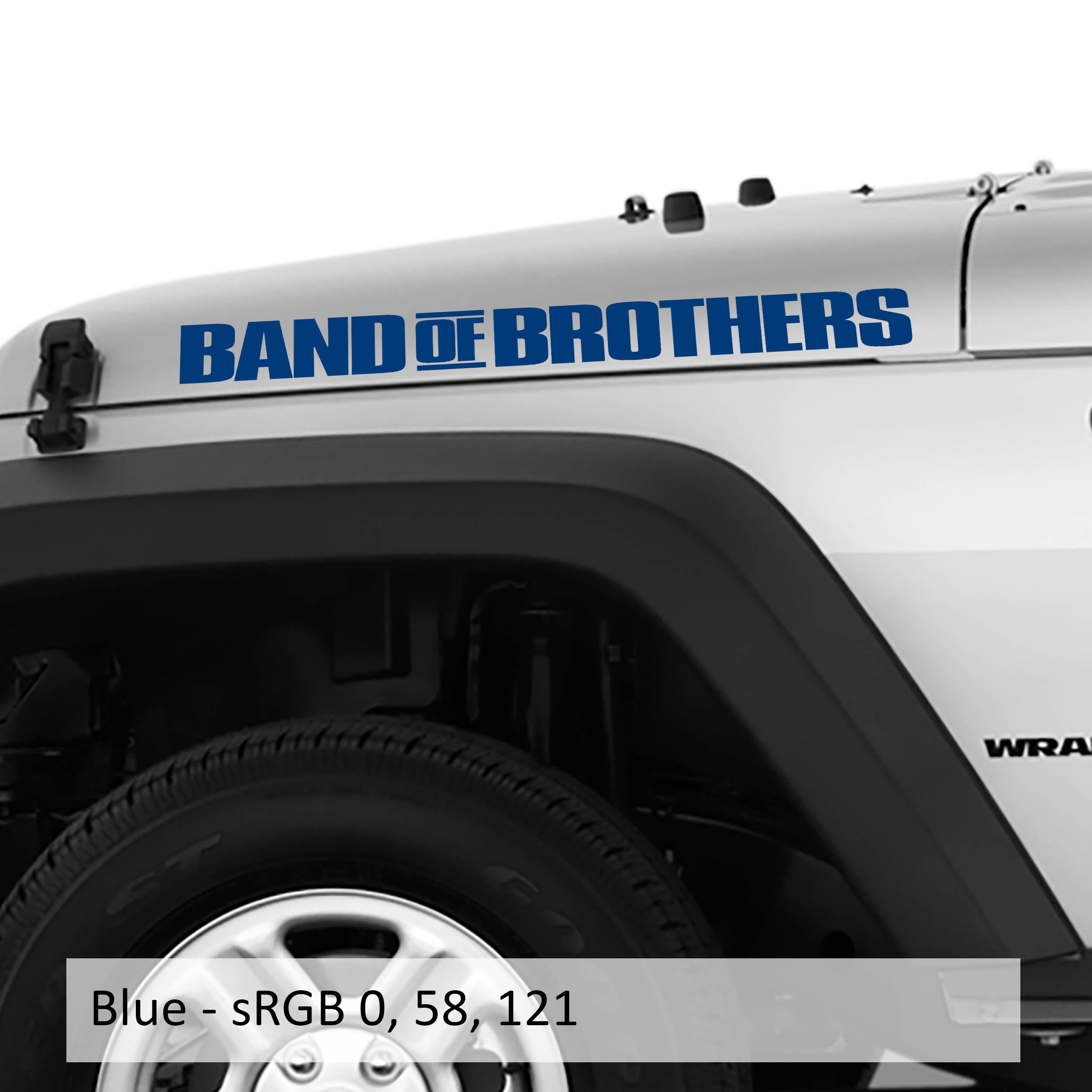 Blue BAND OF BROTHERS side-hood decal pair displayed on a white Jeep Wrangler with sRGB blue swatch label
