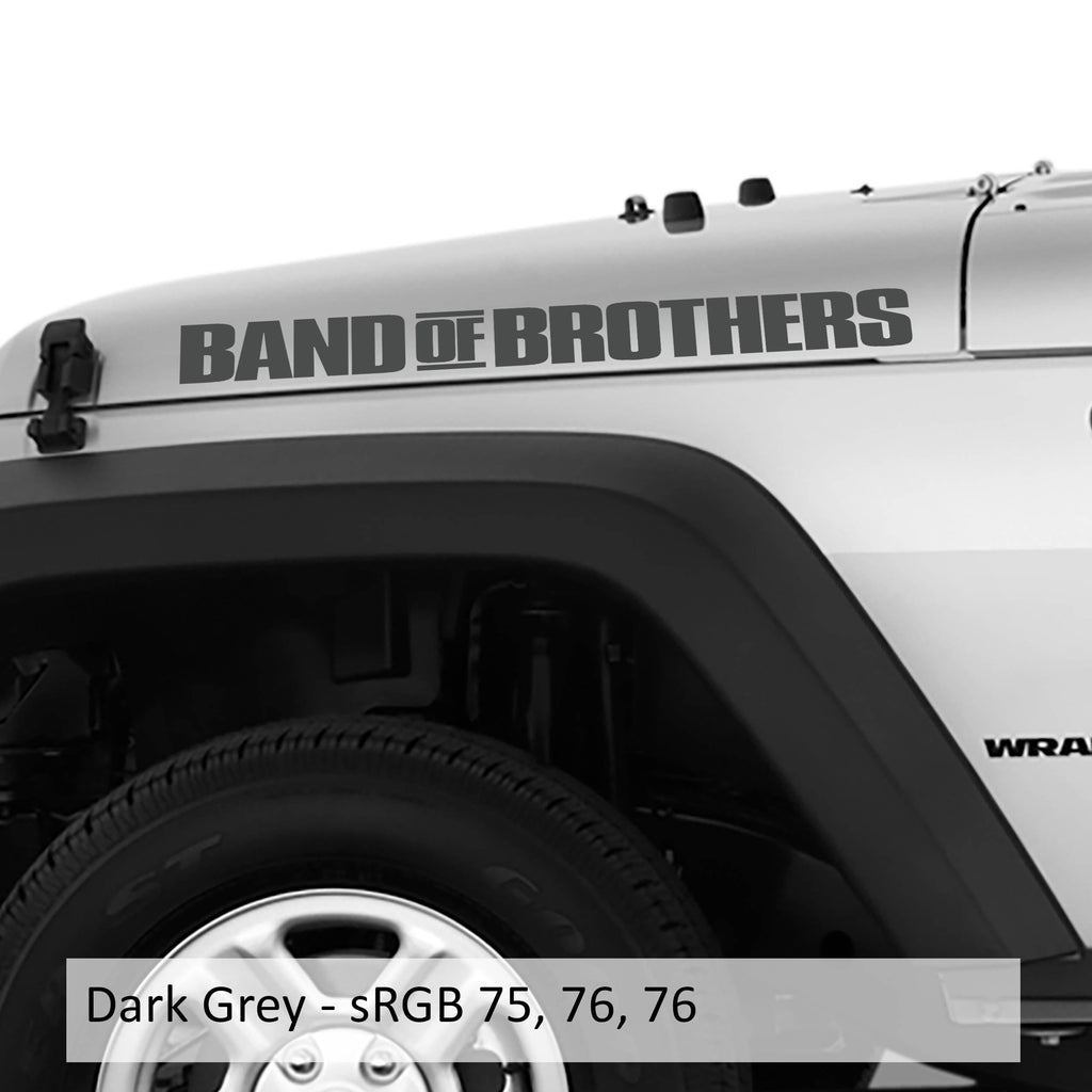 Dark-grey BAND OF BROTHERS side-hood decal pair previewed on a white Wrangler with sRGB grey color reference