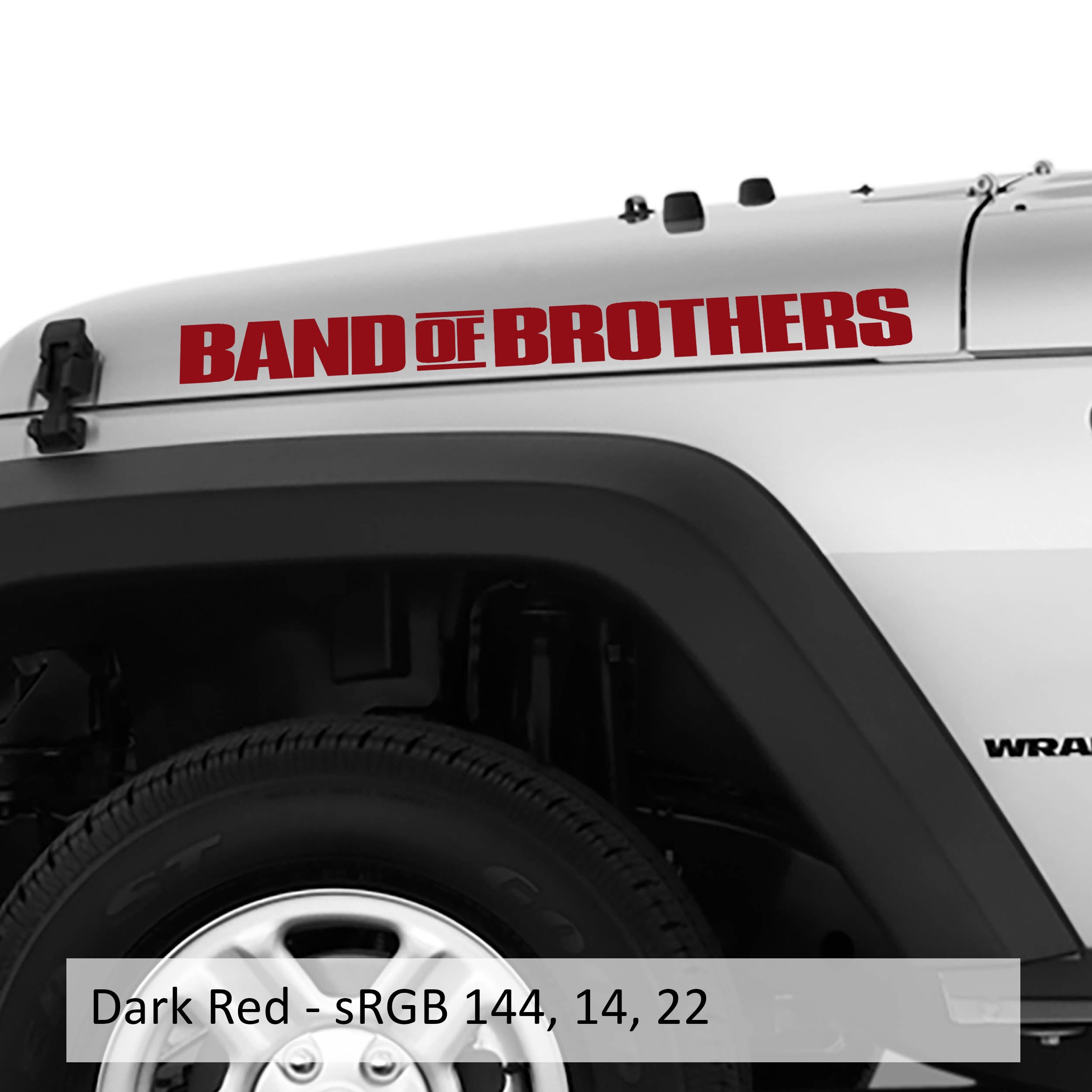 Dark-red BAND OF BROTHERS hood lettering set placed on a white Jeep Wrangler with sRGB red color sample tag