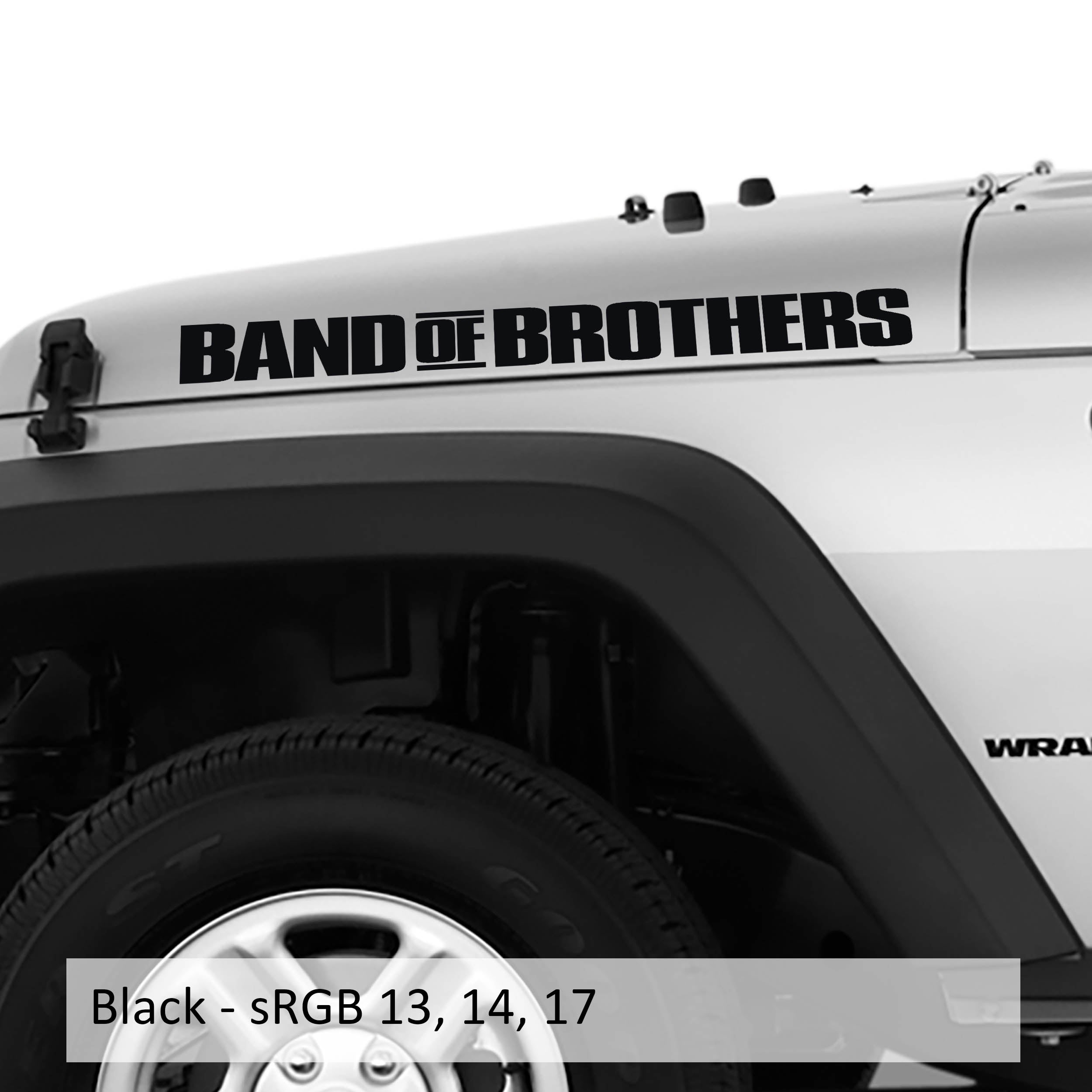 Bold black BAND OF BROTHERS hood-side decal applied to a white Jeep Wrangler with sRGB 13 14 17 color swatch