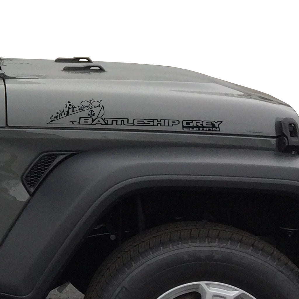 Black Battleship Grey Edition side hood vinyl decal pair with warship illustration laid flat
