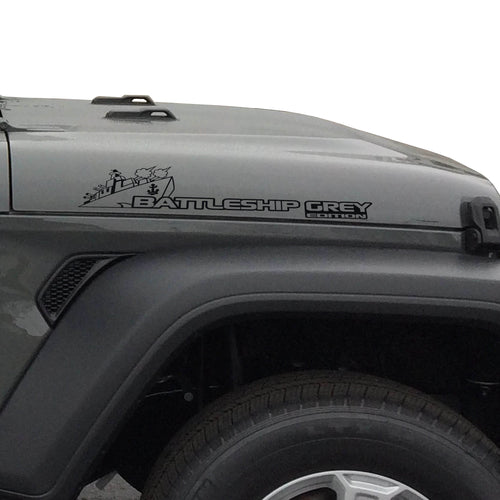 Black Battleship Grey Edition side hood vinyl decal pair with warship illustration laid flat