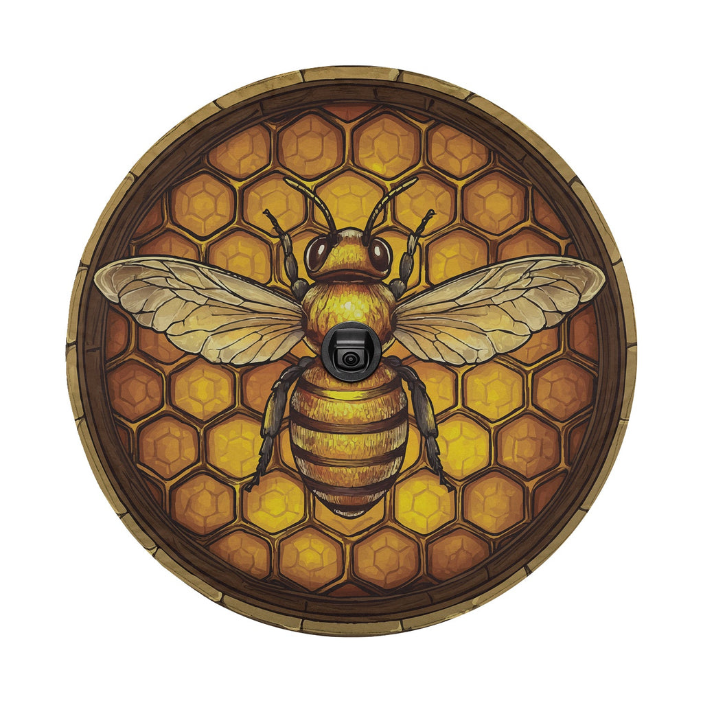 Honeycomb bee spare tire cover flat art with backup camera cutout, amber hexagons and a detailed bee